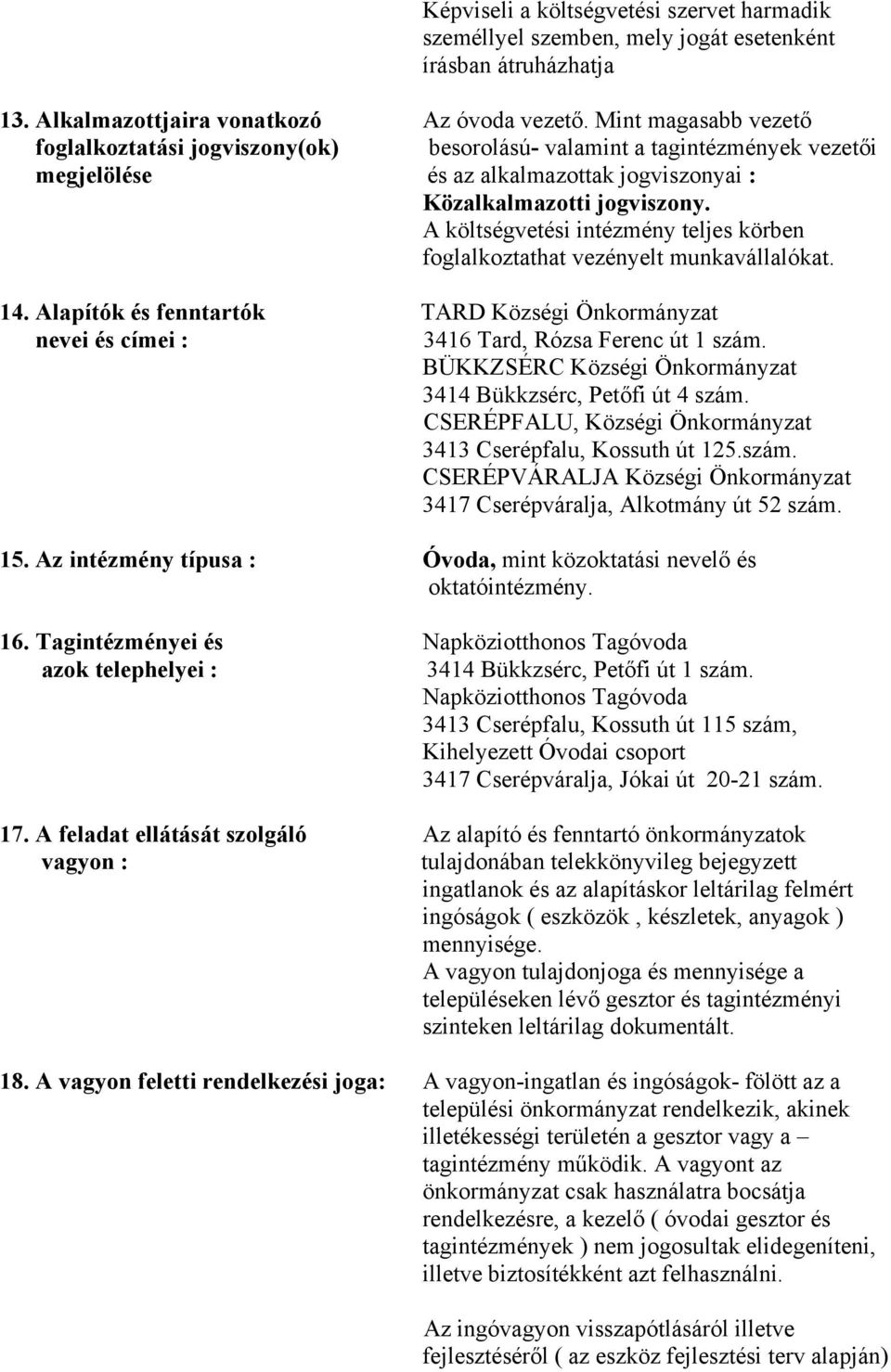 A költségvetési intézmény teljes körben foglalkoztathat vezényelt munkavállalókat. 14. Alapítók és fenntartók TARD Községi Önkormányzat nevei és címei : 3416 Tard, Rózsa Ferenc út 1 szám.