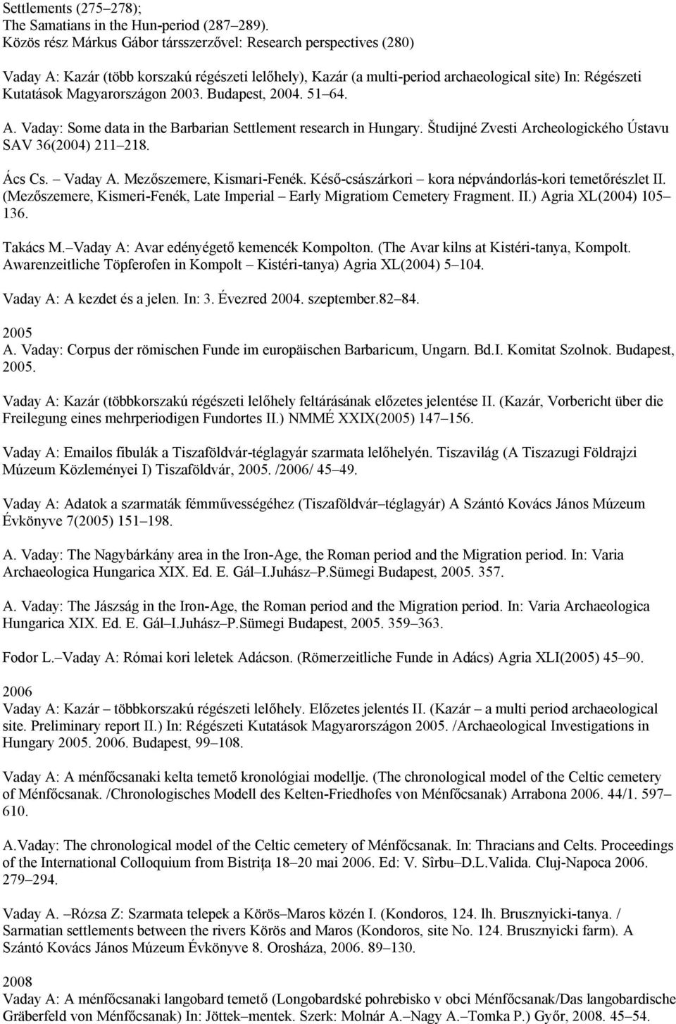 2003. Budapest, 2004. 51 64. A. Vaday: Some data in the Barbarian Settlement research in Hungary. Študijné Zvesti Archeologického Ústavu SAV 36(2004) 211 218. Ács Cs. Vaday A.