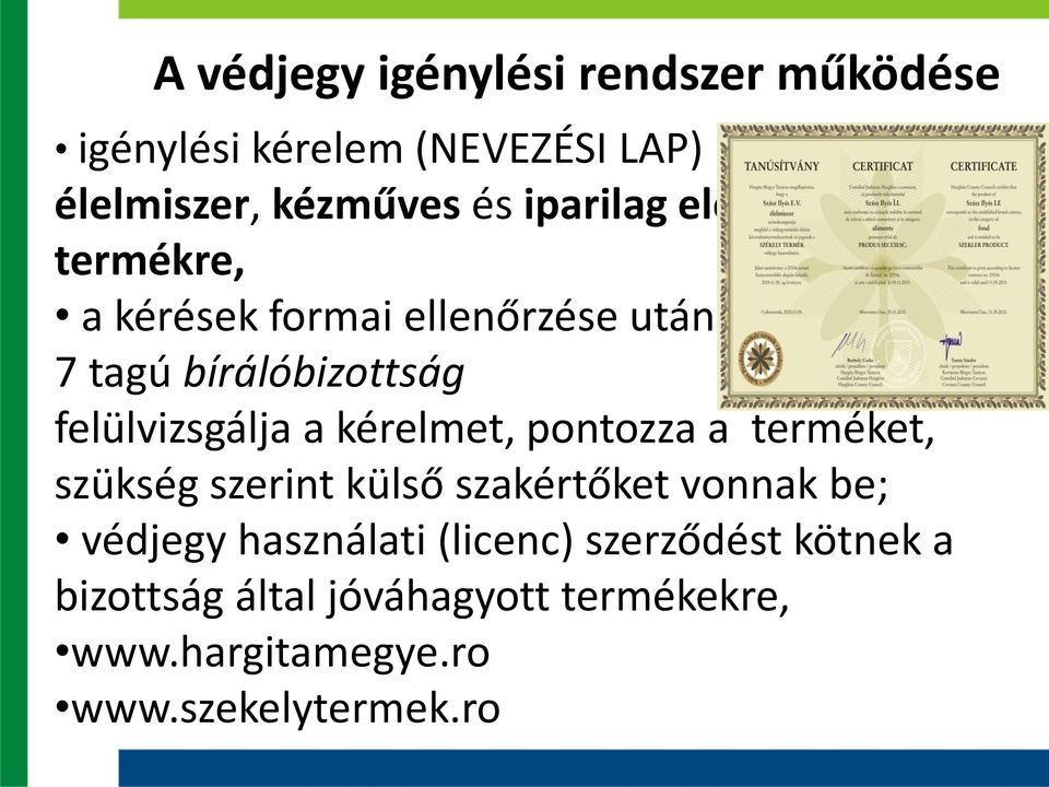 felülvizsgálja a kérelmet, pontozza a terméket, szükség szerint külső szakértőket vonnak be; védjegy