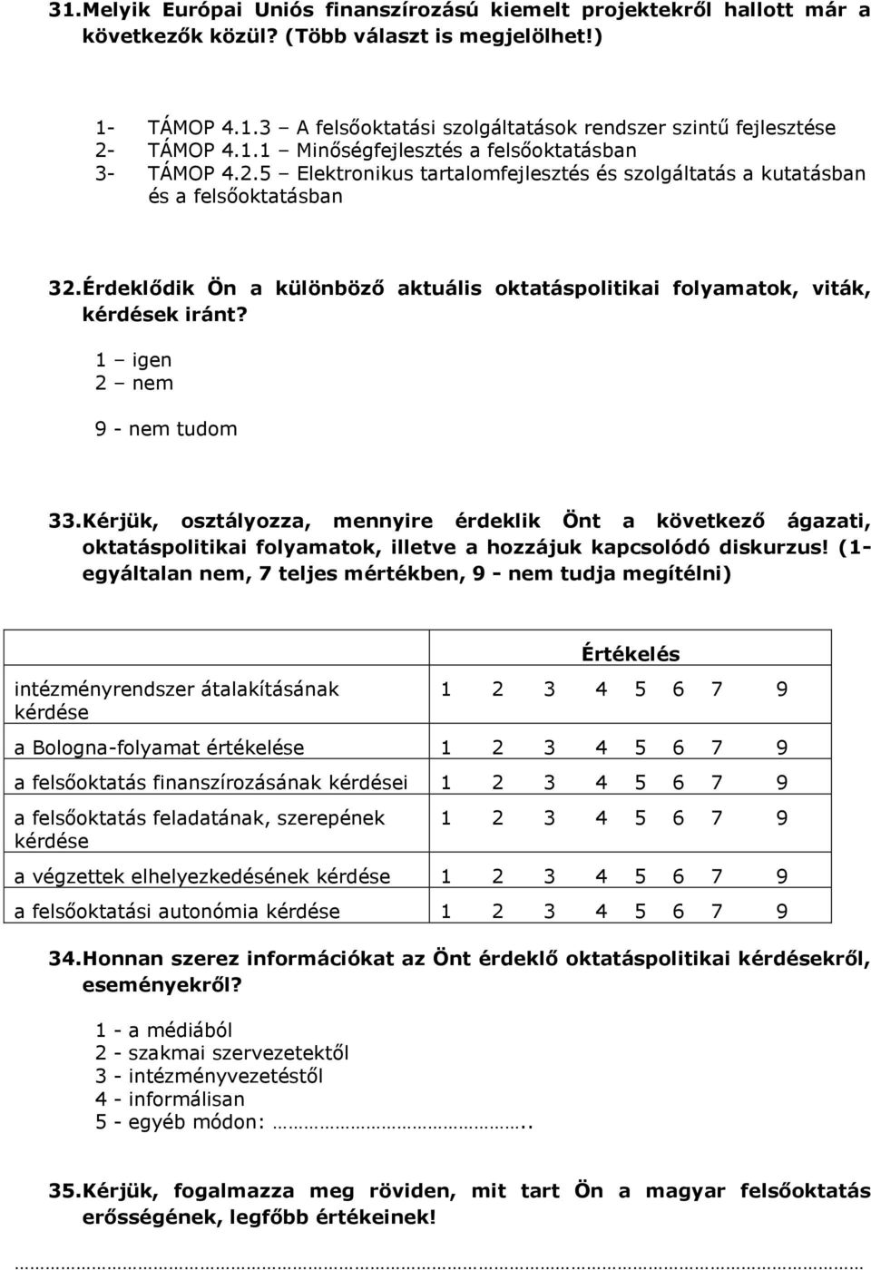 Érdeklődik Ön a különböző aktuális oktatáspolitikai folyamatok, viták, kérdések iránt? 1 igen 2 nem 9 - nem tudom 33.