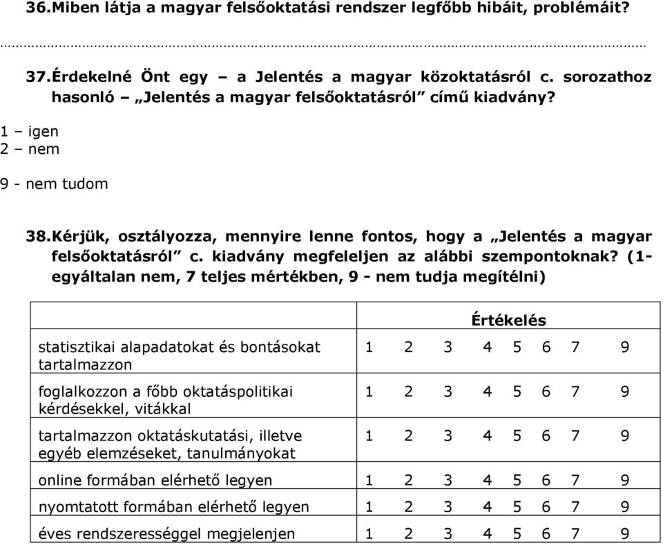 Kérjük, osztályozza, mennyire lenne fontos, hogy a Jelentés a magyar felsőoktatásról c. kiadvány megfeleljen az alábbi szempontoknak?
