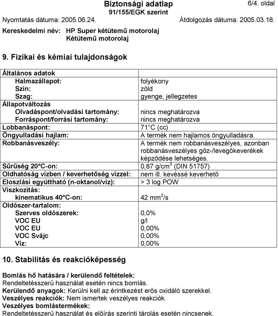 tartomány: nincs meghatározva Lobbanáspont: 71 C (cc) Öngyulladási hajlam: A termék nem hajlamos öngyulladásra.