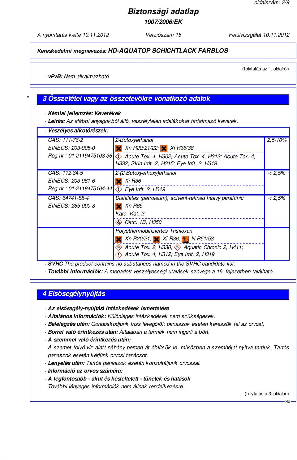 Veszélyes alkotórészek: CAS: 111-76-2 EINECS: 203-905-0 Reg.nr.: 01-2119475108-36 2-Butoxyethanol Xn R20/21/22; Xi R36/38 Acute Tox. 4, H302; Acute Tox. 4, H312; Acute Tox. 4, H332; Skin Irrit.