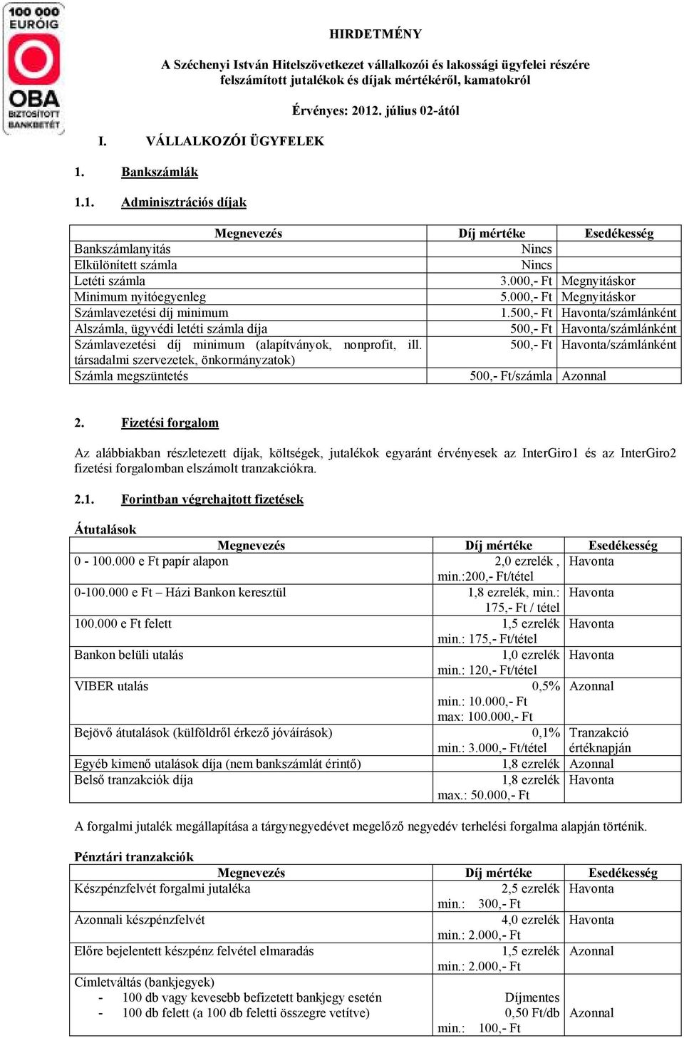 000,- Ft Megnyitáskor Számlavezetési díj minimum 1.