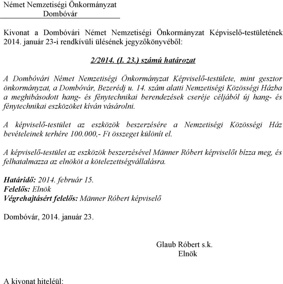 A képviselő-testület az eszközök beszerzésére a Nemzetiségi Közösségi Ház bevételeinek terhére 100.000,- Ft összeget különít el.