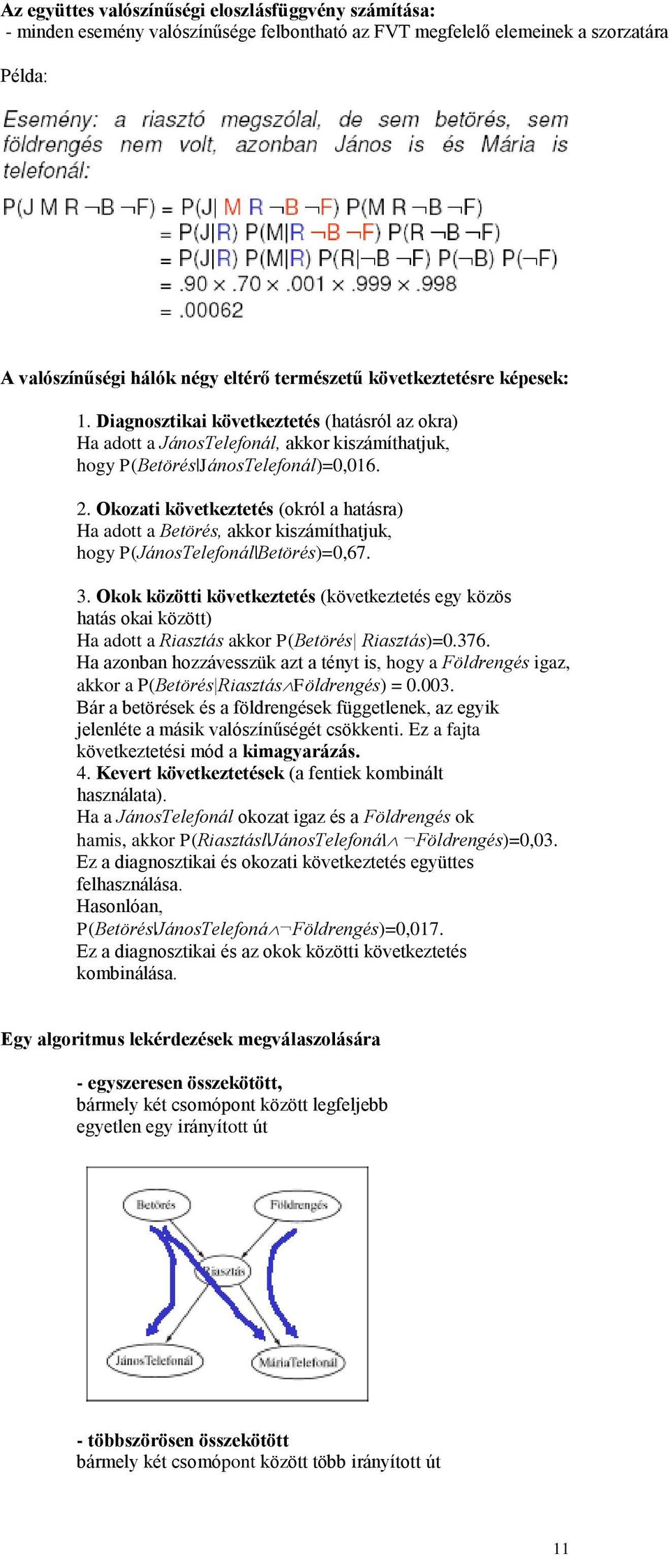Okozati következtetés (okról a hatásra) Ha adott a Betörés, akkor kiszámíthatjuk, hogy P(JánosTelefonál Betörés)=0,67. 3.