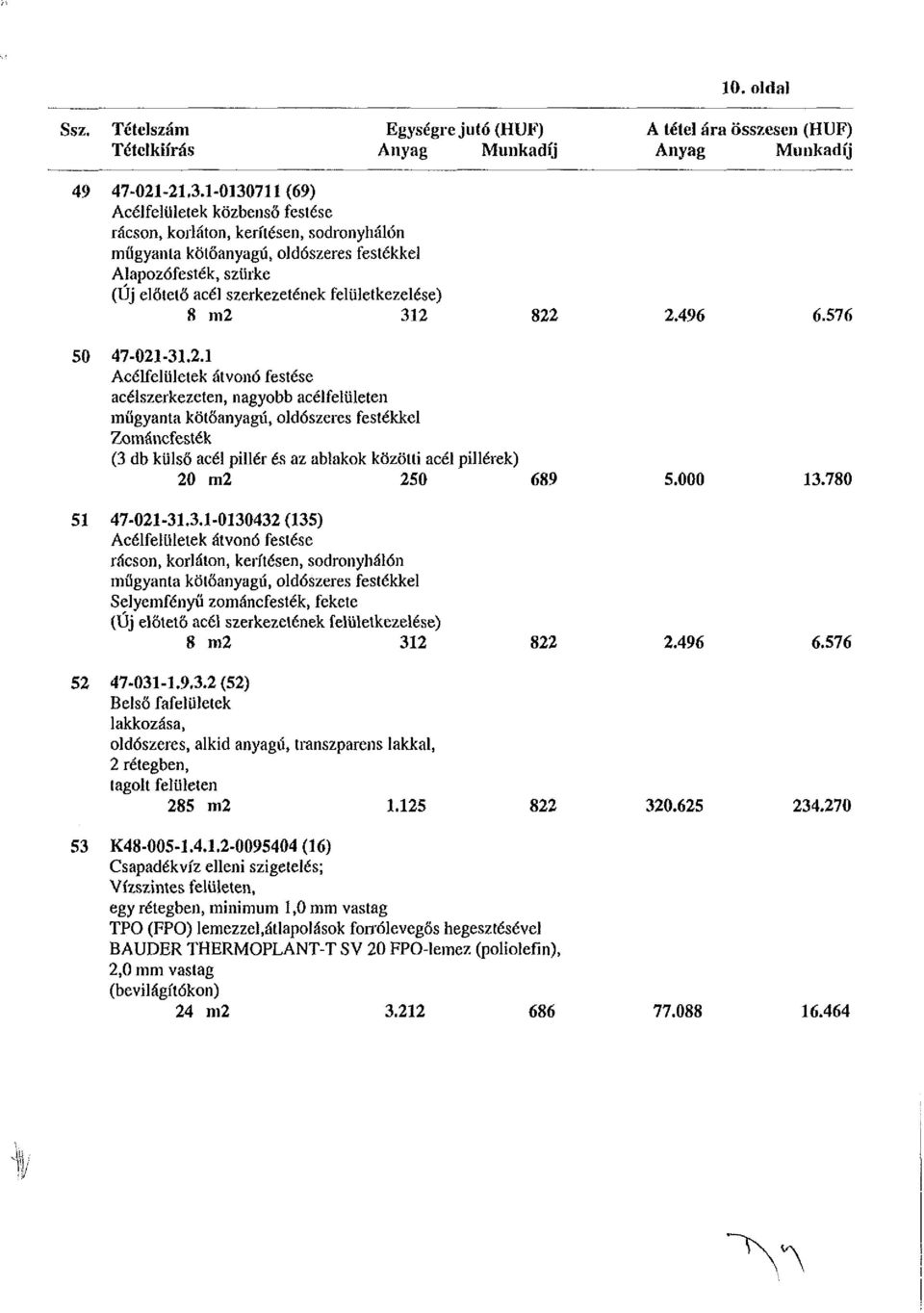 8 m2 312 822 2.496 6.576 50 47-021-31.2.1 Acélfelületek átvonó festése acélszerkezeten, nagyobb acélfelületen műgyanta kötőanyagú, oldószeres festékkel Zománcfesték (3 db külső acél pillér és az