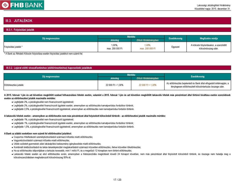 visszafizetéshez (előtörlesztéshez) kapcsolódó jutalékok Díj megnevezése Mértéke Esedékesség Előtörlesztési jutalék 22 000 Ft + 1,30% 22 000 Ft + 1,30% Az előtörlesztés bejelentett és Bank által