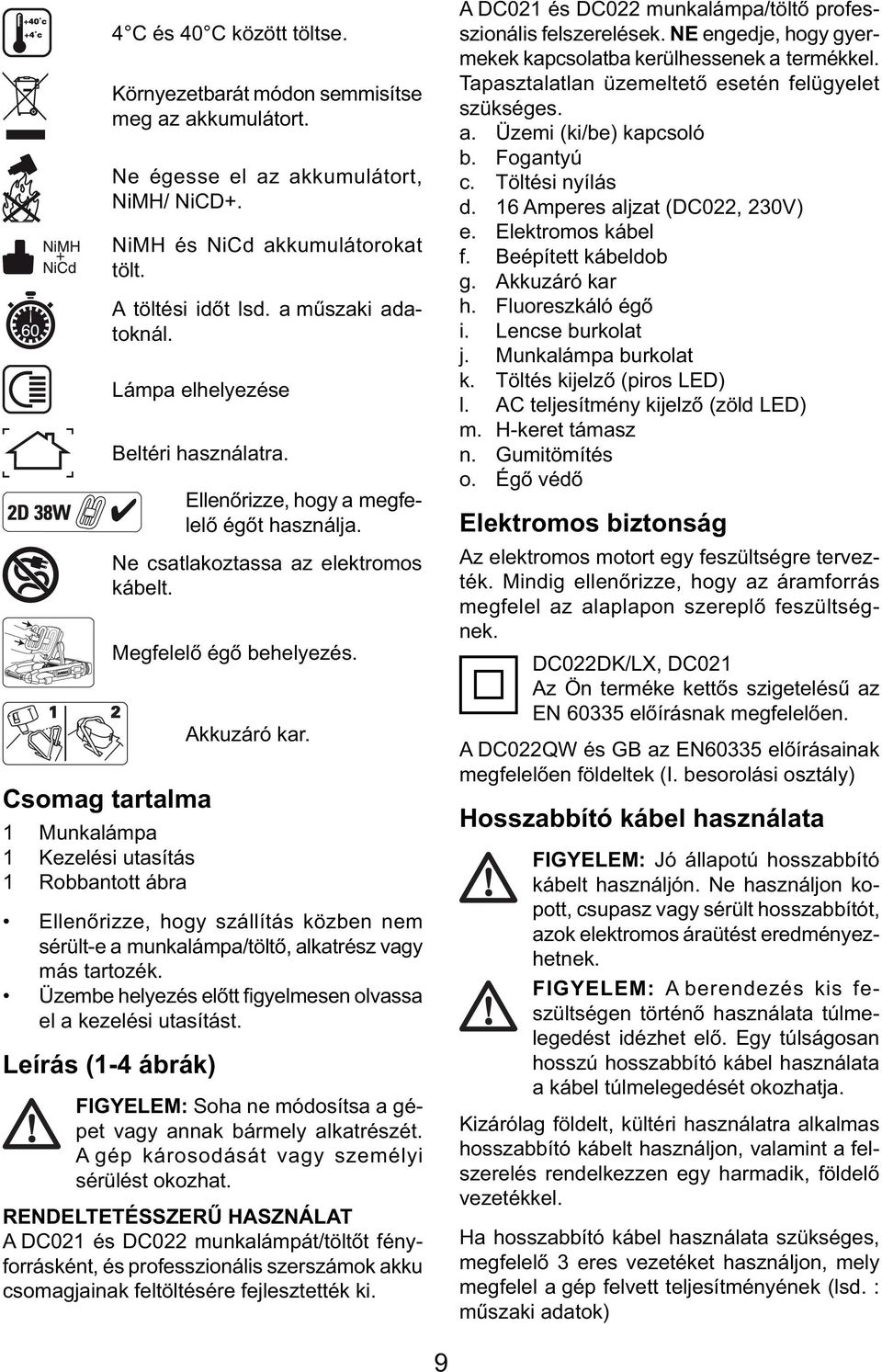 Megfelelő égő behelyezés. Akkuzáró kar. Ellenőrizze, hogy szállítás közben nem sérült-e a munkalámpa/töltő, alkatrész vagy más tartozék.