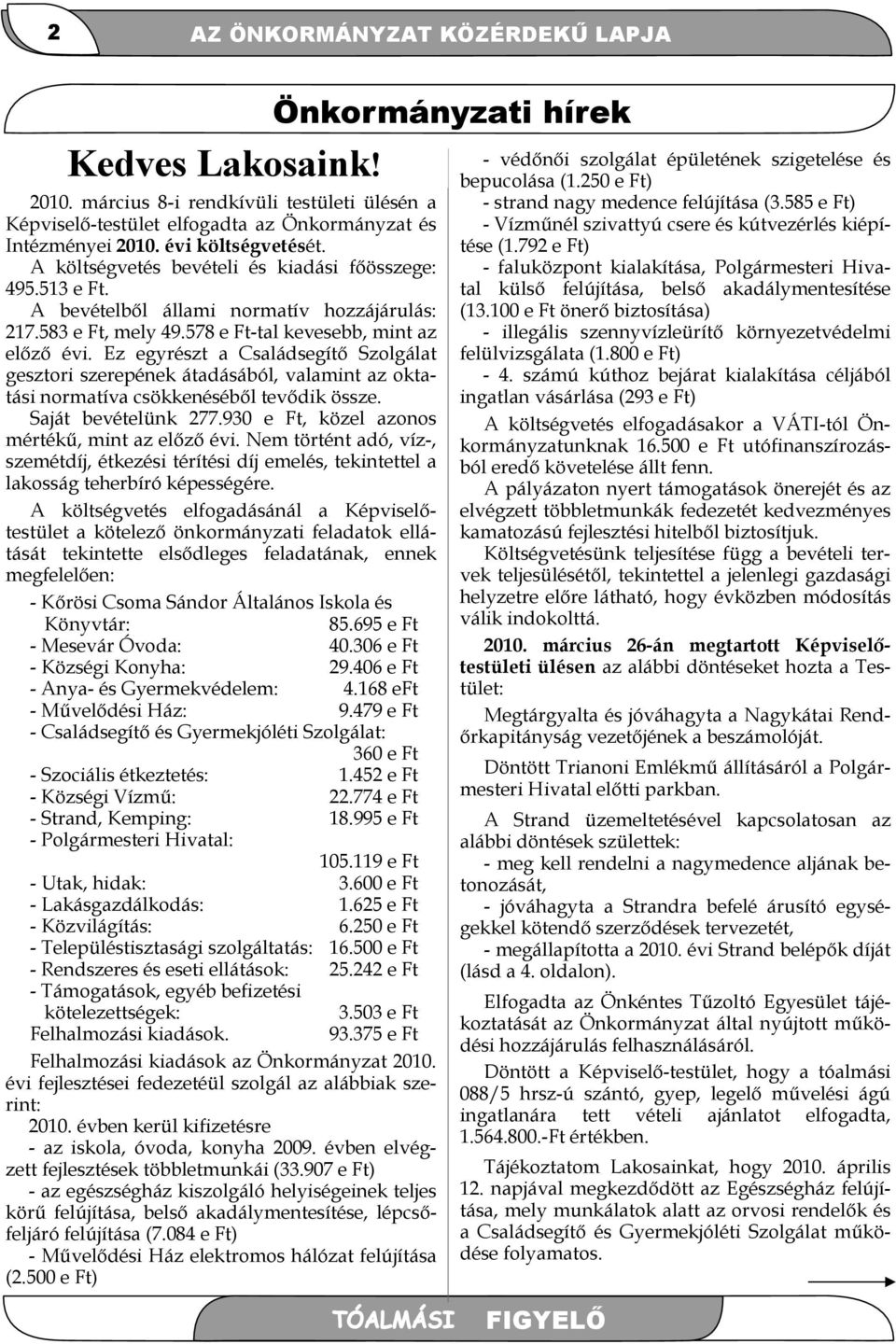 Ez egyrészt a Családsegítő Szolgálat gesztori szerepének átadásából, valamint az oktatási normatíva csökkenéséből tevődik össze. Saját bevételünk 277.930 e Ft, közel azonos mértékű, mint az előző évi.
