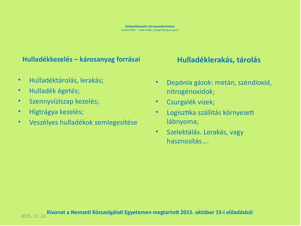 Hulladéklerakás, tárolás Depónia gázok: metán, széndioxid, nitrogénoxidok; Csurgalék vizek; Logisz ka szállítás környeze