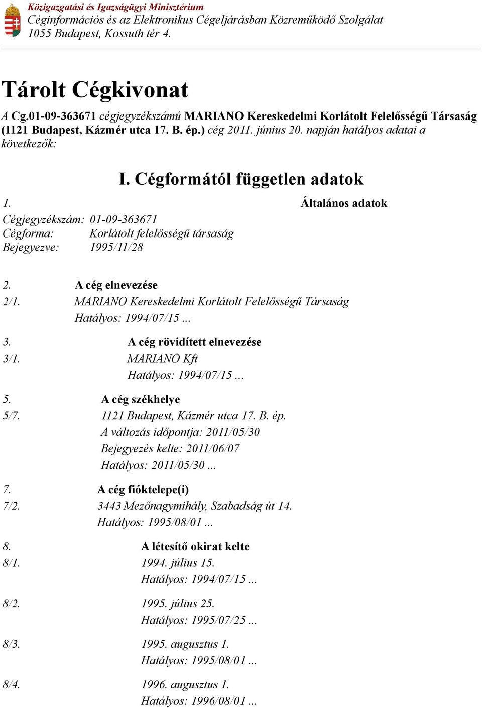 Cégformától független adatok 1. Általános adatok Cégjegyzékszám: 01-09-363671 Cégforma: Korlátolt felelősségű társaság Bejegyezve: 1995/11/28 2. A cég elnevezése 2/1.