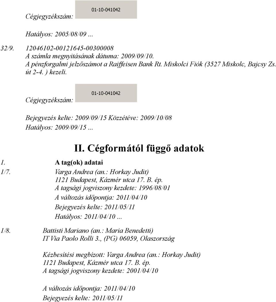 : Horkay Judit) 1121 Budapest, Kázmér utca 17. B. ép. A tagsági jogviszony kezdete: 1996/08/01 A változás időpontja: 2011/04/10 Hatályos: 2011/04/10... 1/8.