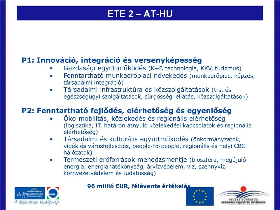 és egészségügyi szolgáltatások, sürgősségi ellátás, közszolgáltatások) P2: Fenntartható fejlődés, elérhetőség és egyenlőség Öko-mobilitás, közlekedés és regionális elérhetőség (logisztika, IT,