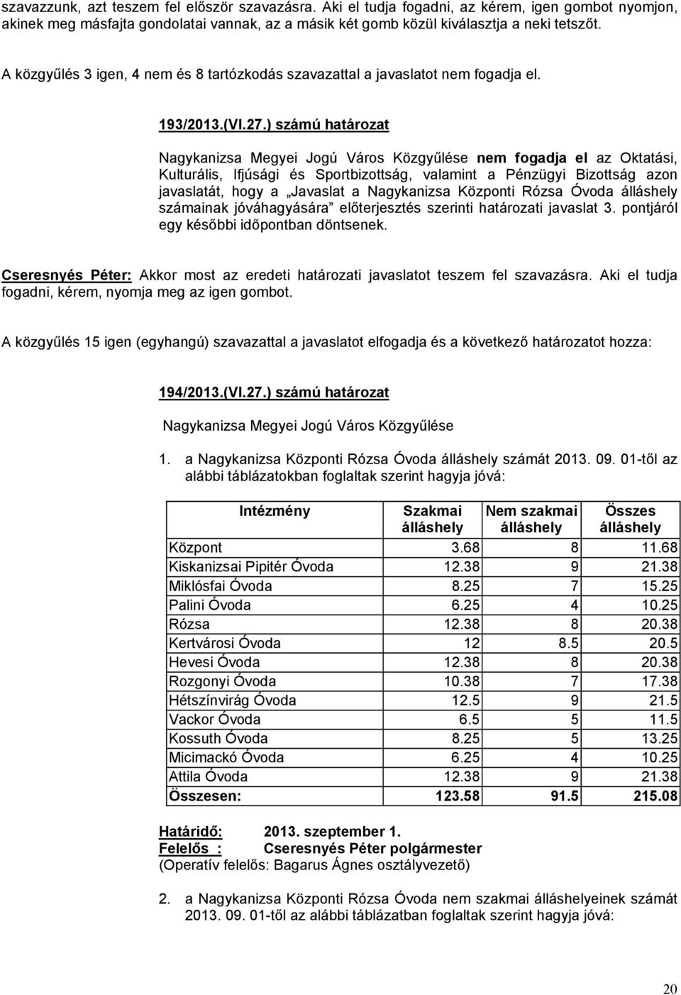 ) számú határozat Nagykanizsa Megyei Jogú Város Közgyűlése nem fogadja el az Oktatási, Kulturális, Ifjúsági és Sportbizottság, valamint a Pénzügyi Bizottság azon javaslatát, hogy a Javaslat a