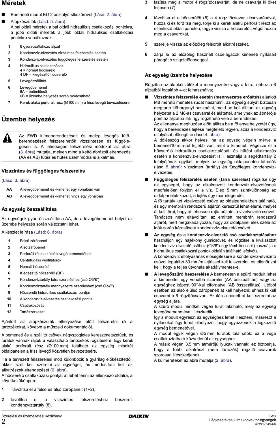 6 gyorscsatlakozó aljzat Kondenzvíz-elvezetés vízszintes felszerelés esetén Kondenzvíz-elvezetés függőleges felszerelés esetén Hidraulikus csatlakozások = normál hőcserélő F = kiegészítő hőcserélő 5