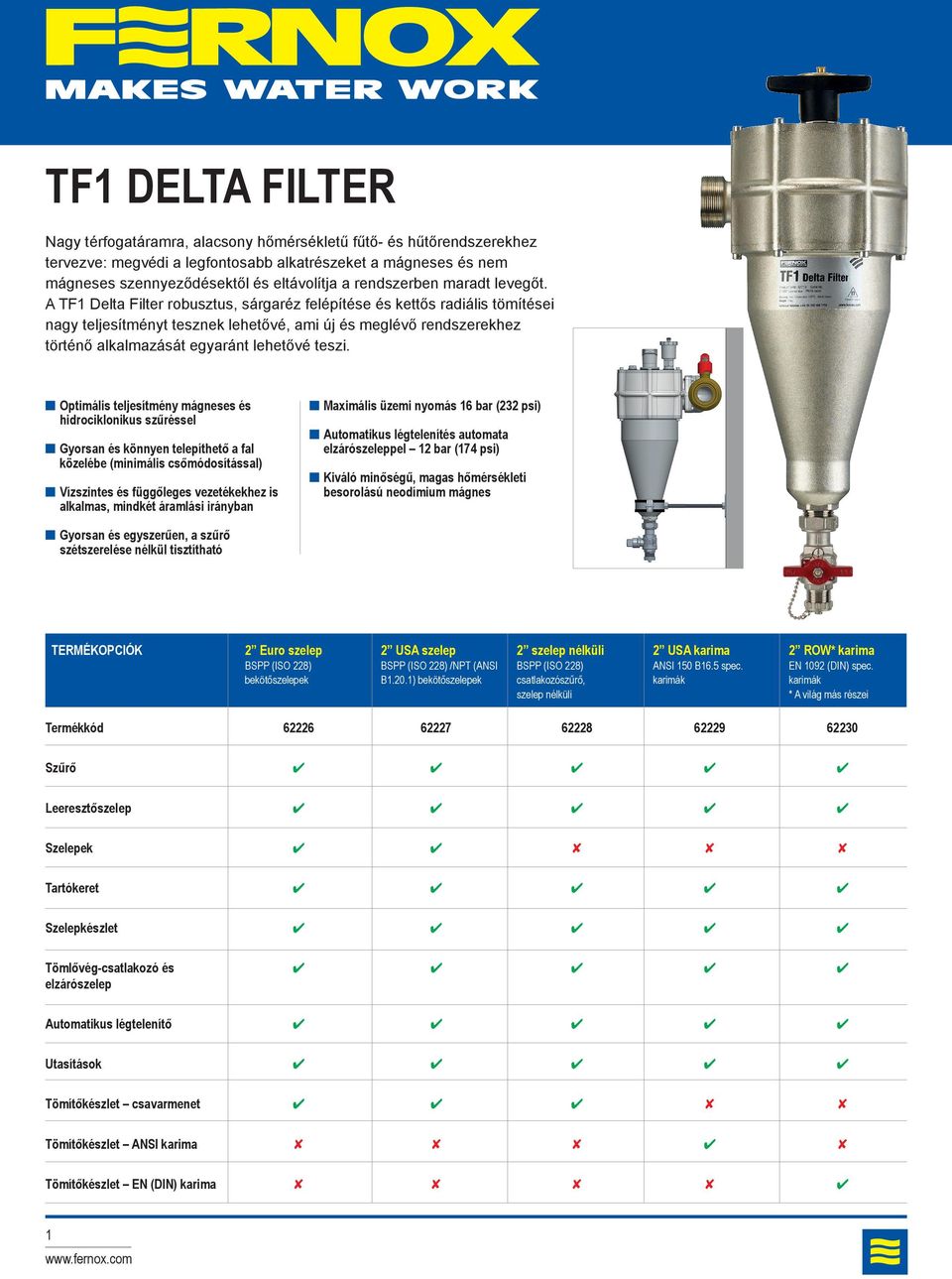 A TF Delta Filter robusztus, sárgaréz felépítése és kettős radiális tömítései nagy teljesítményt tesznek lehetővé, ami új és meglévő rendszerekhez történő alkalmazását egyaránt lehetővé teszi.