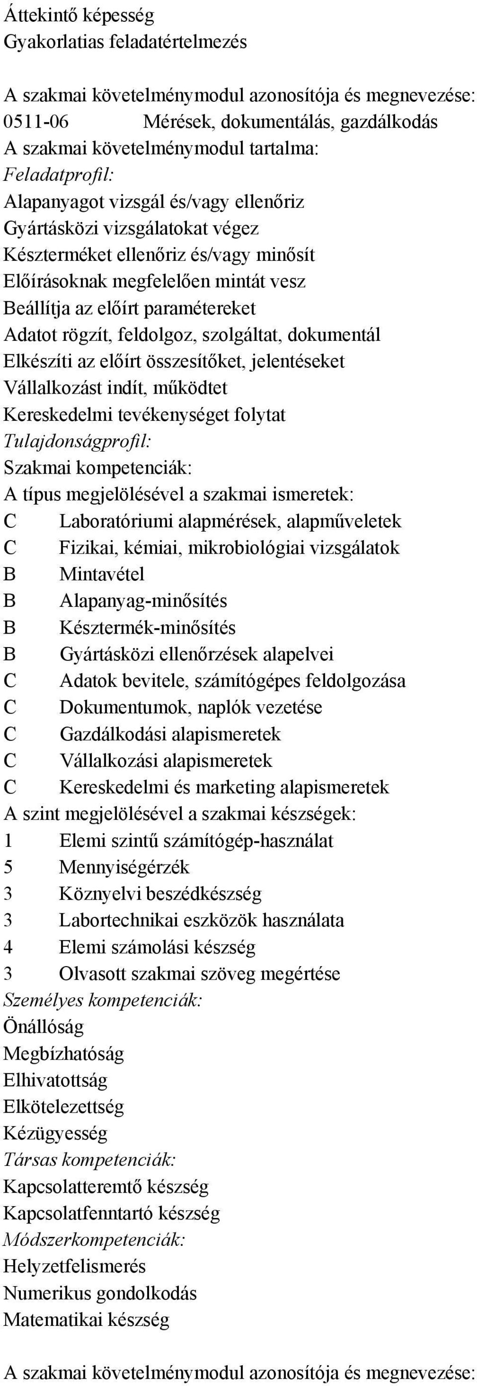 Vállalkozást indít, működtet Kereskedelmi tevékenységet folytat C Laboratóriumi alapmérések, alapműveletek C Fizikai, kémiai, mikrobiológiai vizsgálatok B Mintavétel B Alapanyag-minősítés B