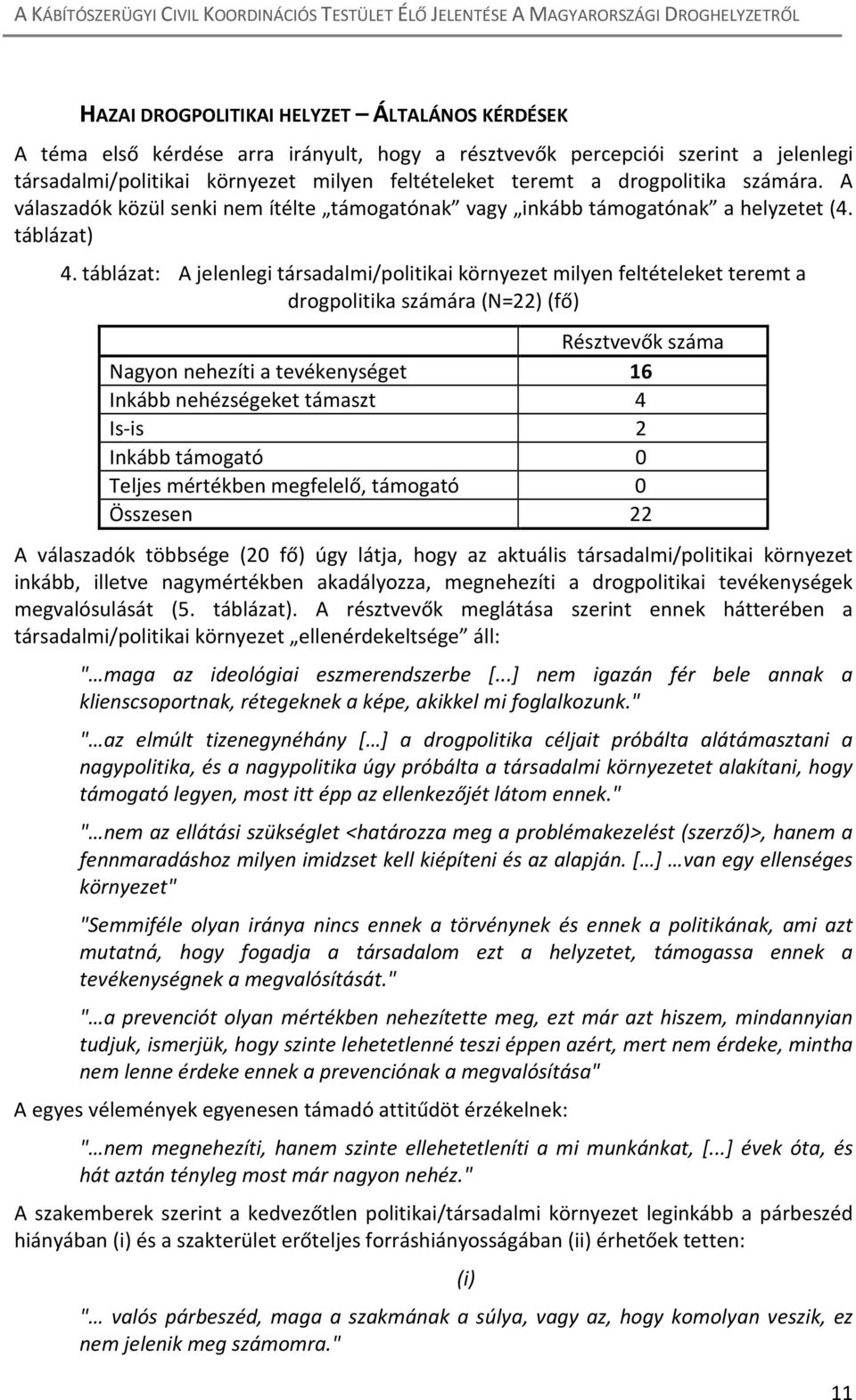 táblázat: A jelenlegi társadalmi/politikai környezet milyen feltételeket teremt a drogpolitika számára (N=22) (fő) Résztvevők száma Nagyon nehezíti a tevékenységet 16 Inkább nehézségeket támaszt 4