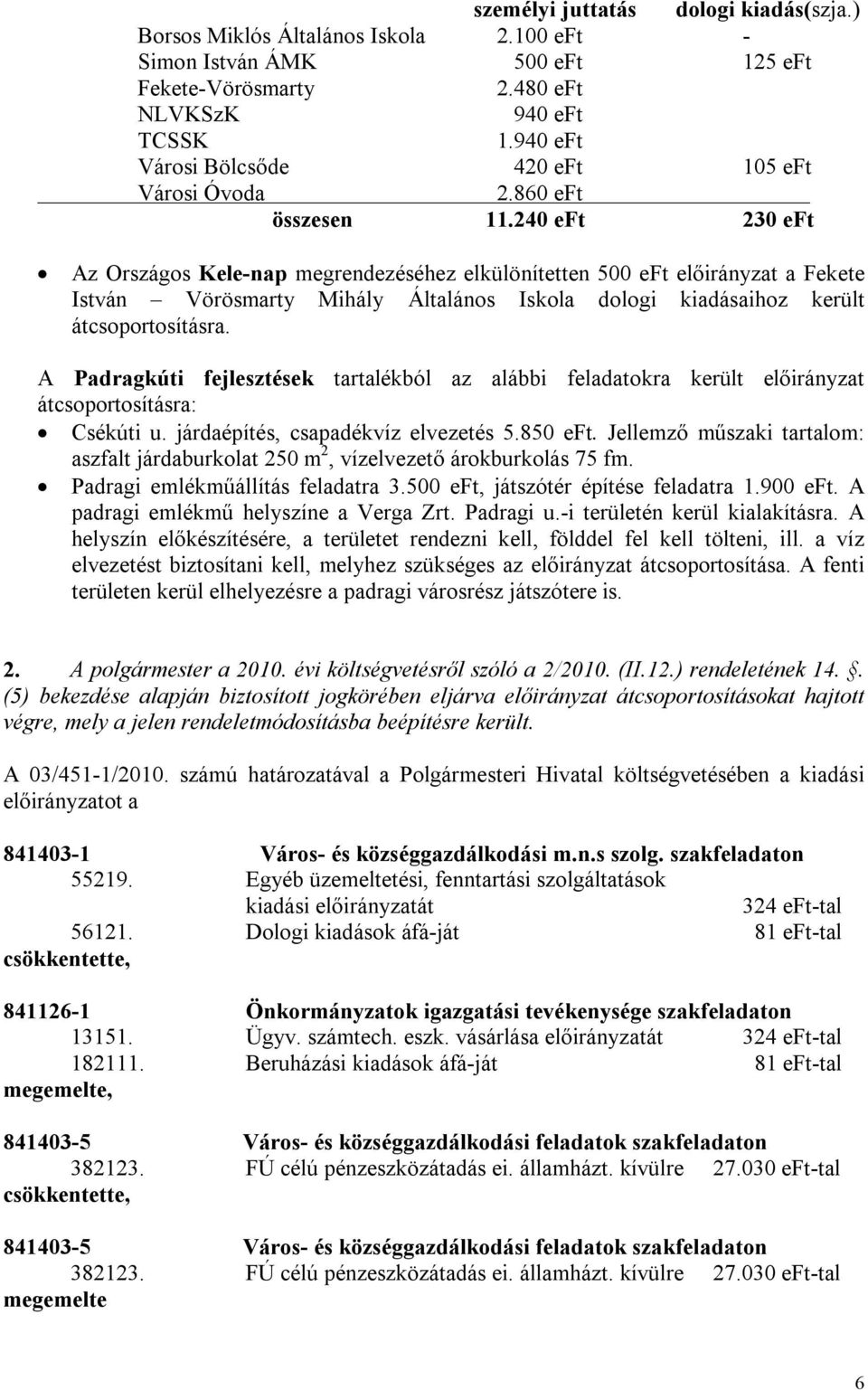 240 eft 230 eft Az Országos Kele-nap megrendezéséhez elkülönítetten 500 eft előirányzat a Fekete István Vörösmarty Mihály Általános Iskola dologi kiadásaihoz került átcsoportosításra.