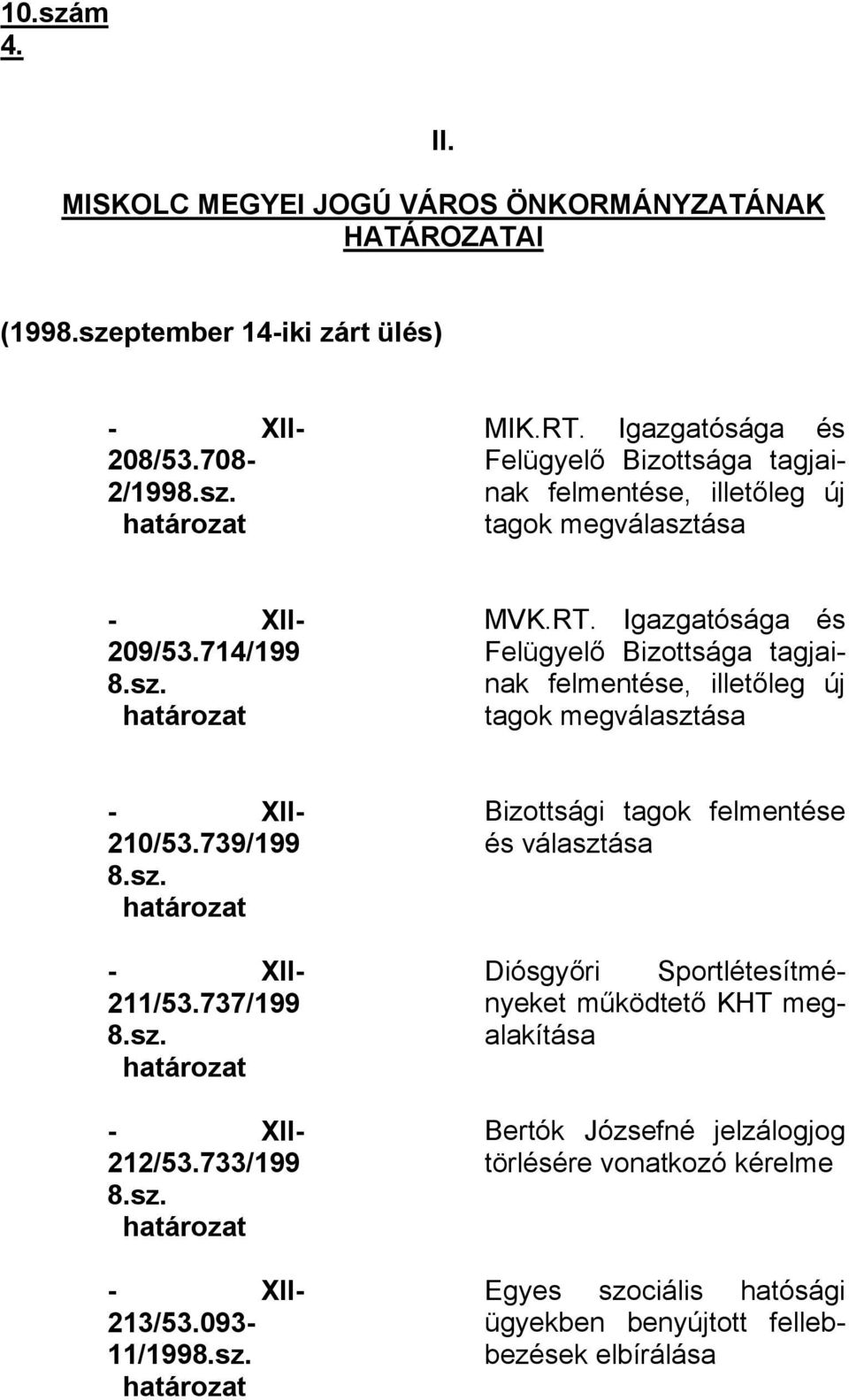 Igazgatósága és Felügyelő Bizottsága tagjainak felmentése, illetőleg új tagok megválasztása XII 210/53.739/199 8.sz. határozat XII 211/53.737/199 8.sz. határozat XII 212/53.733/199 8.sz. határozat XII 213/53.