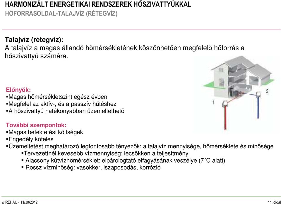 befektetési költségek Engedély köteles Üzemeltetést meghatározó legfontosabb tényezık: a talajvíz mennyisége, hımérséklete és minısége Tervezettnél kevesebb