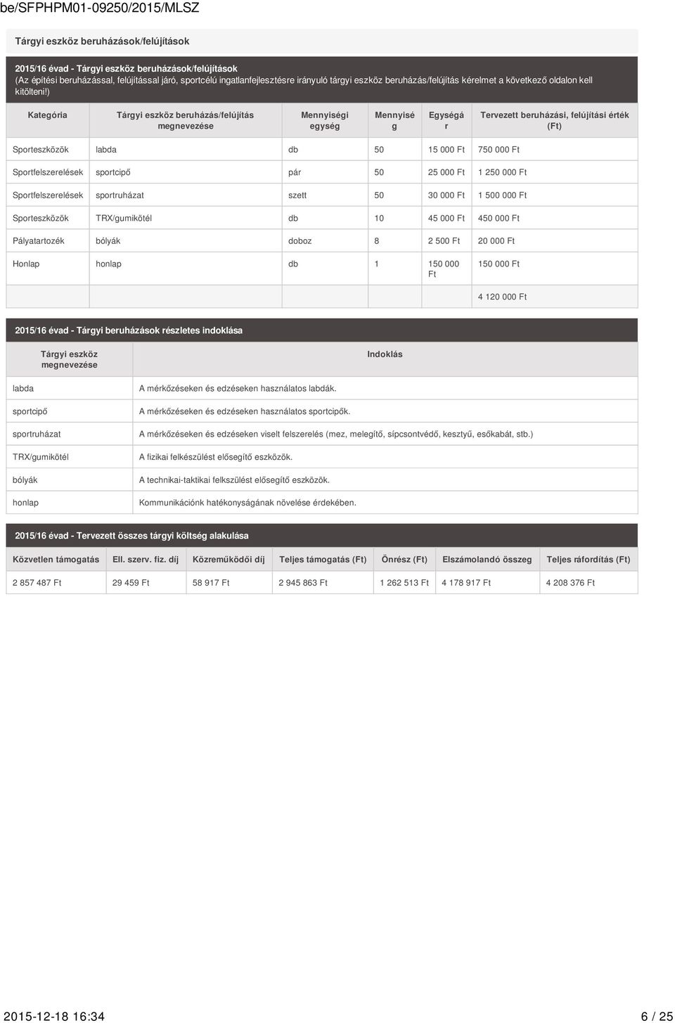 ) Kategória Tárgyi eszköz beruházás/felújítás megnevezése Mennyiségi egység Mennyisé g Egységá r Tervezett beruházási, felújítási érték (Ft) Sporteszközök labda db 50 15 000 Ft 750 000 Ft