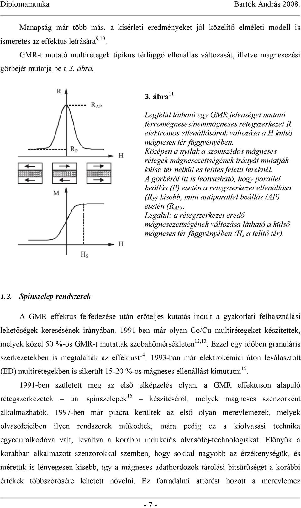 ábra. 3. ábra 11 Legfelül látható egy GMR jelenséget mutató ferromégneses/nemmágneses rétegszerkezet R elektromos ellenállásának változása a H külső mágneses tér függvényében.