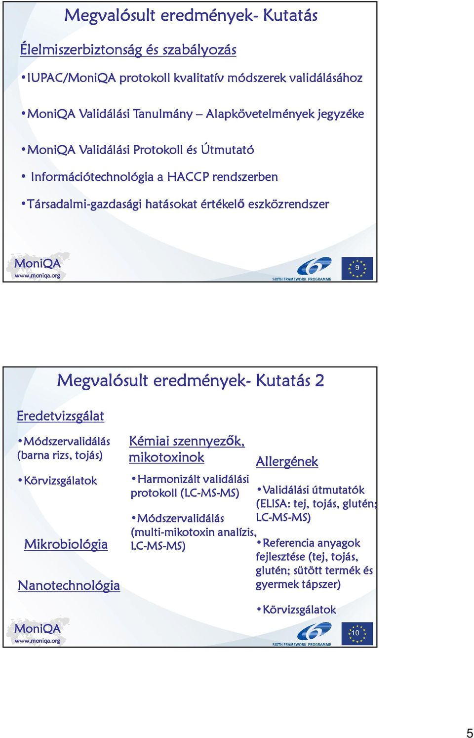 rizs, tojás) Körvizsgálatok Mikrobiológia Nanotechnológia Kémiai szennyezők, mikotoxinok Allergének Harmonizált validálási protokoll (LC-MS MS-MS) MS) Validálási útmutatók (ELISA: tej, tojás,