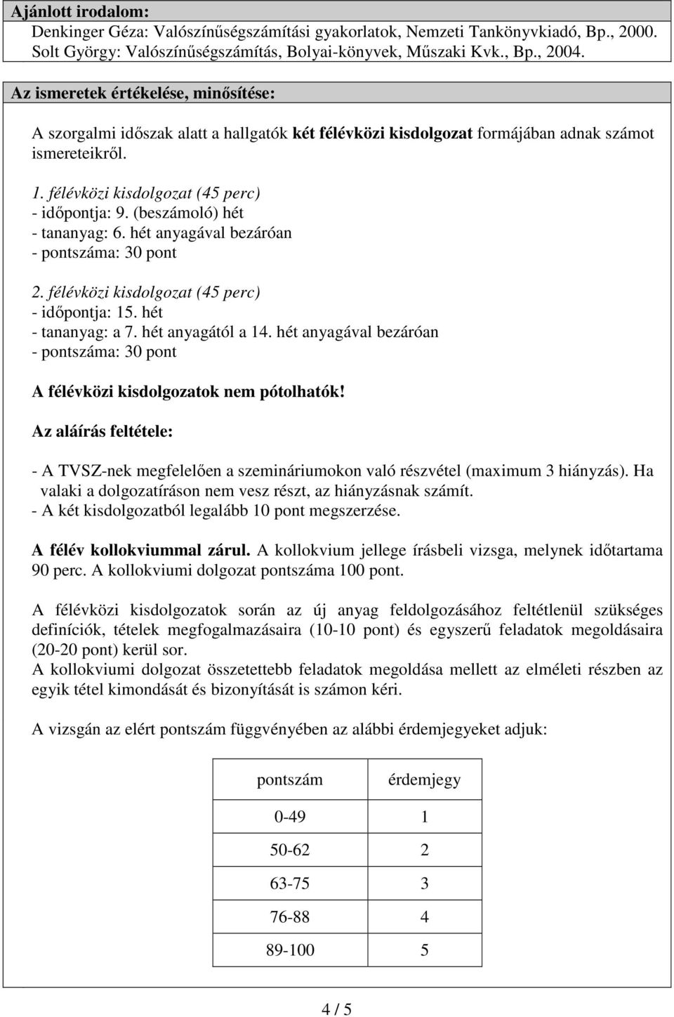 (beszámoló) hét - tananyag: 6. hét anyagával bezáróan - pontszáma: 30 pont 2. félévközi kisdolgozat (45 perc) - időpontja: 15. hét - tananyag: a 7. hét anyagától a 14.