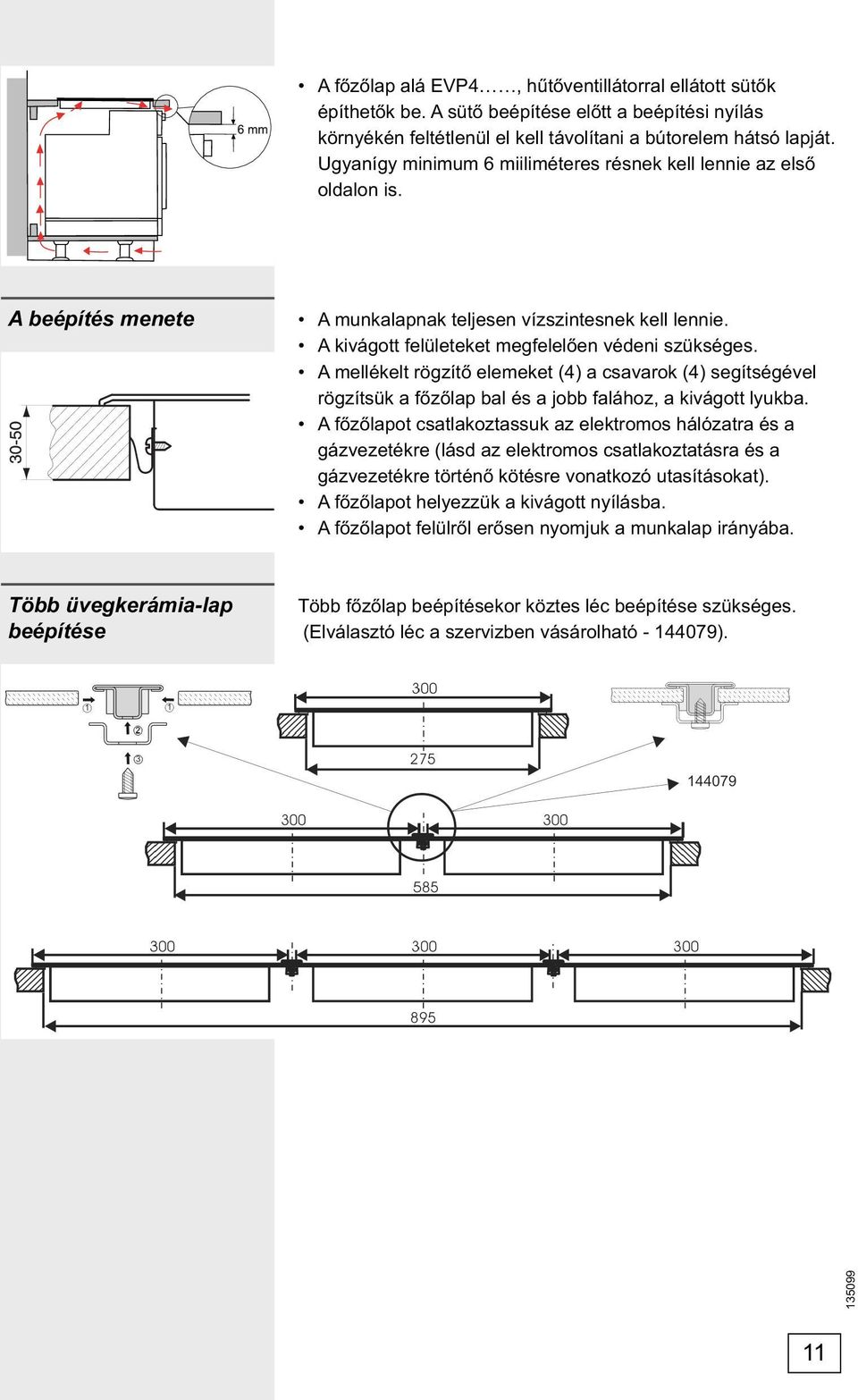 A mellékelt rögzítő elemeket (4) a csavarok (4) segítségével rögzítsük a főzőlap bal és a jobb falához, a kivágott lyukba.