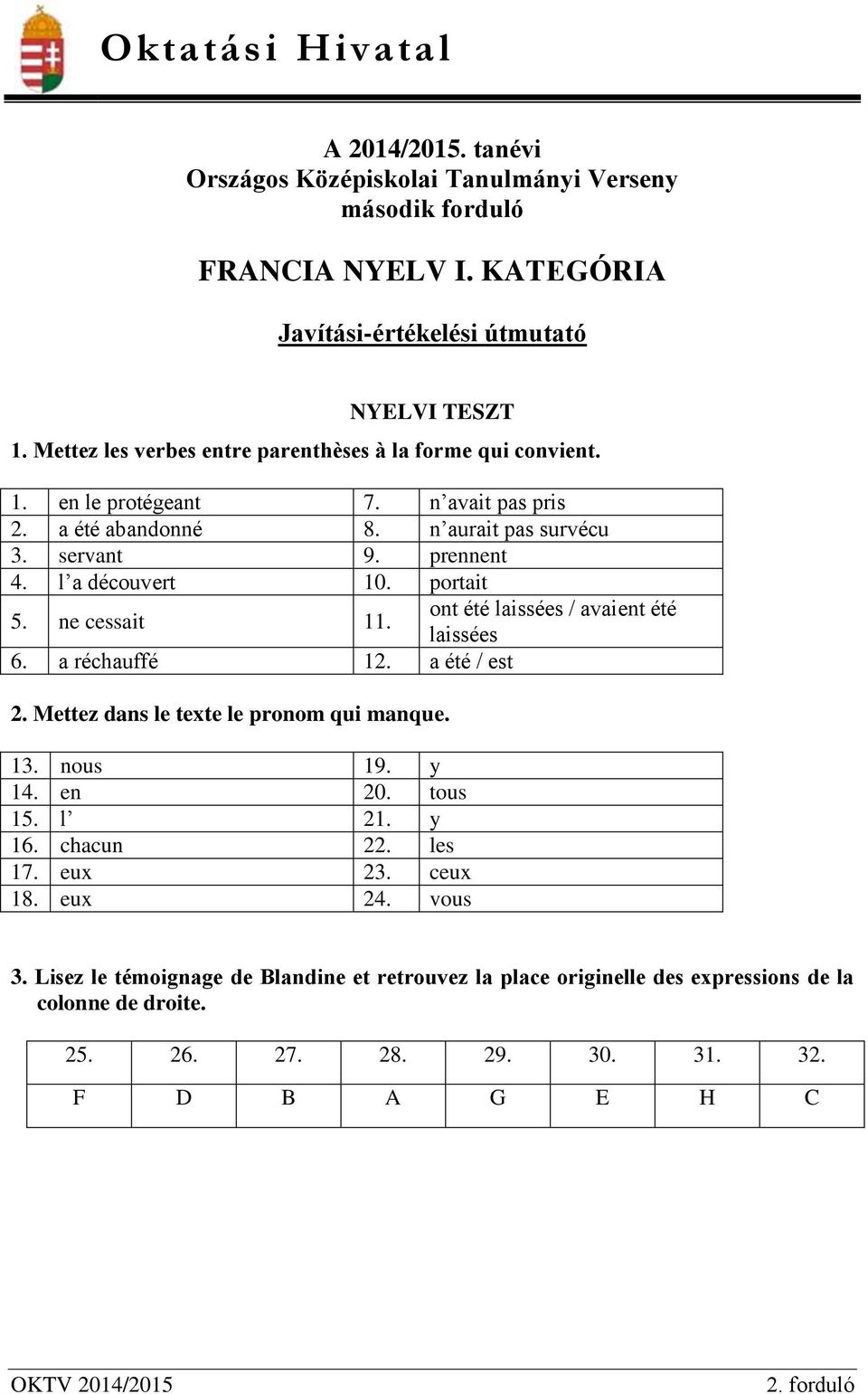 portait 5. ne cessait 11. ont été laissées / avaient été laissées 6. a réchauffé 12. a été / est 2. Mettez dans le texte le pronom qui manque. 13. nous 19. y 14. en 20. tous 15. l 21. y 16.