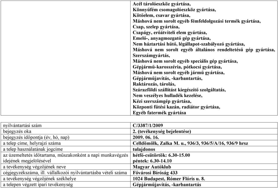 egyéb speciális gép gyártása, Gépjármű-karosszéria, pótkocsi gyártása, Máshová nem sorolt egyéb jármű gyártása, Gépjárműjavítás, -karbantartás, Raktározás, tárolás, Szárazföldi szállítást kiegészítő