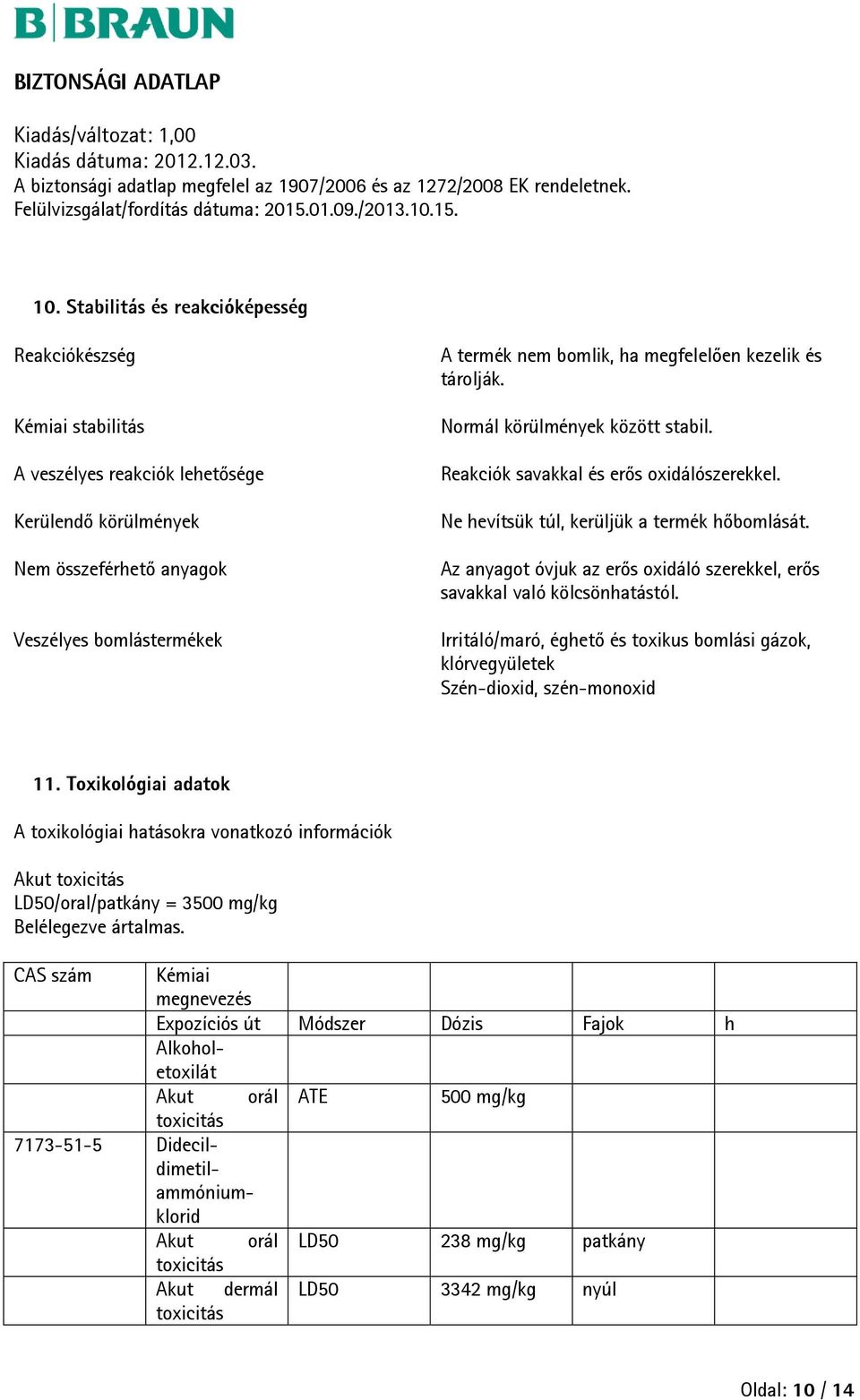 Az anyagot óvjuk az erős oxidáló szerekkel, erős savakkal való kölcsönhatástól. Irritáló/maró, éghető és toxikus bomlási gázok, klórvegyületek Szén-dioxid, szén-monoxid 11.