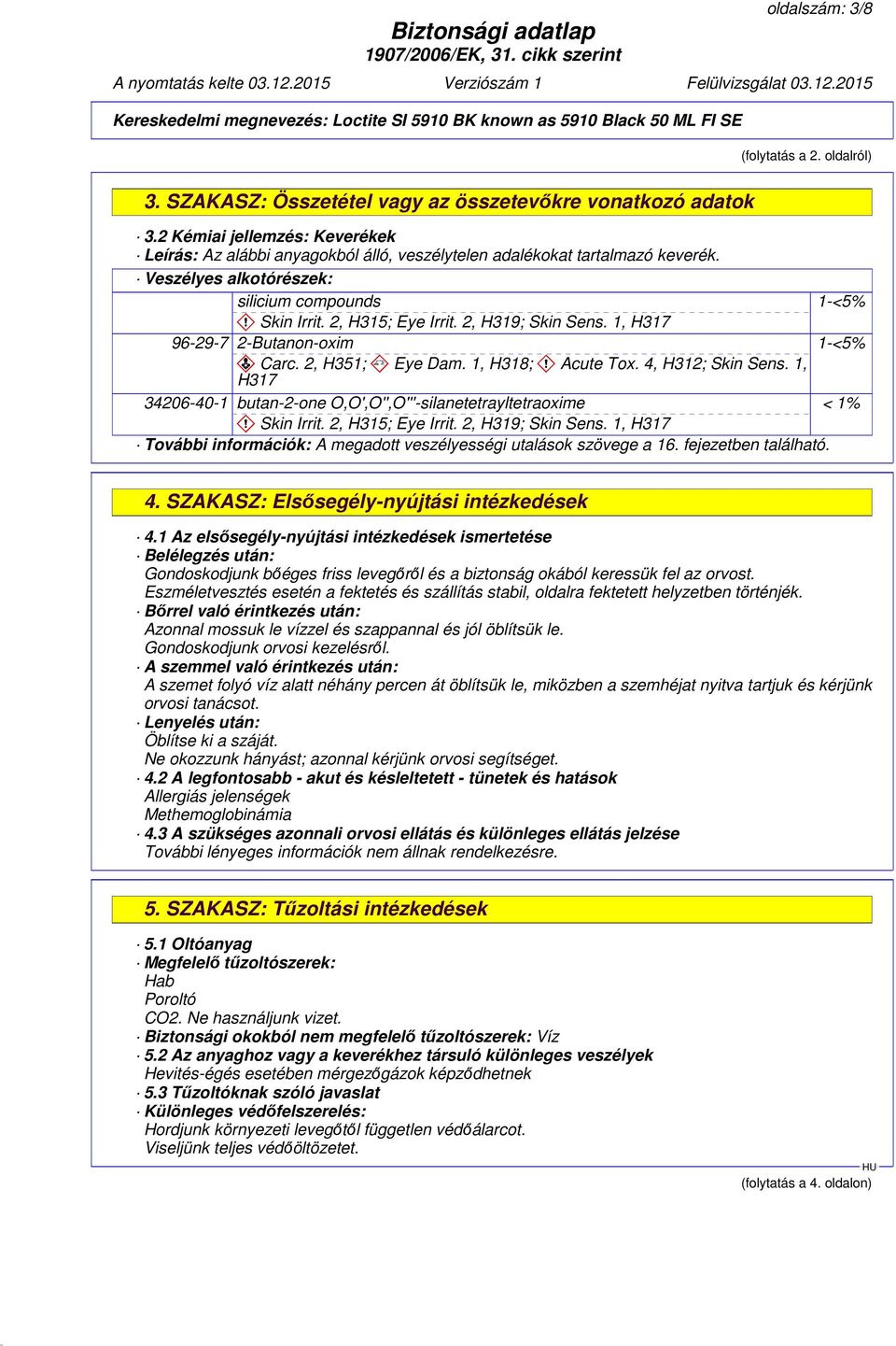 2, H319; Skin Sens. 1, H317 96-29-7 2-Butanon-oxim 1-<5% Carc. 2, H351; Eye Dam. 1, H318; Acute Tox. 4, H312; Skin Sens.