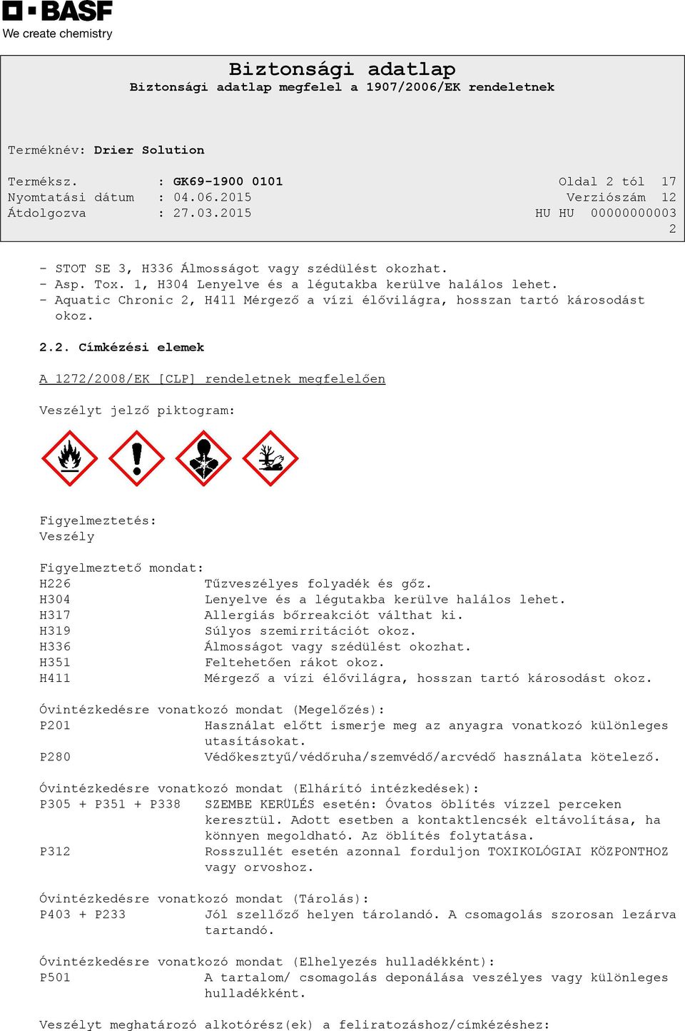 H304 Lenyelve és a légutakba kerülve halálos lehet. H317 Allergiás bőrreakciót válthat ki. H319 Súlyos szemirritációt okoz. H336 Álmosságot vagy szédülést okozhat. H351 Feltehetően rákot okoz.