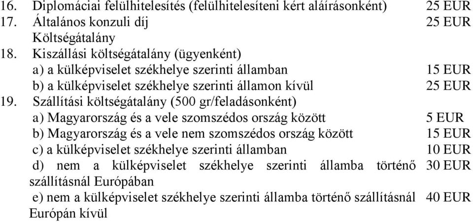 Szállítási költségátalány (500 gr/feladásonként) a) Magyarország és a vele szomszédos ország között 5 EUR b) Magyarország és a vele nem szomszédos ország között 15 EUR c)