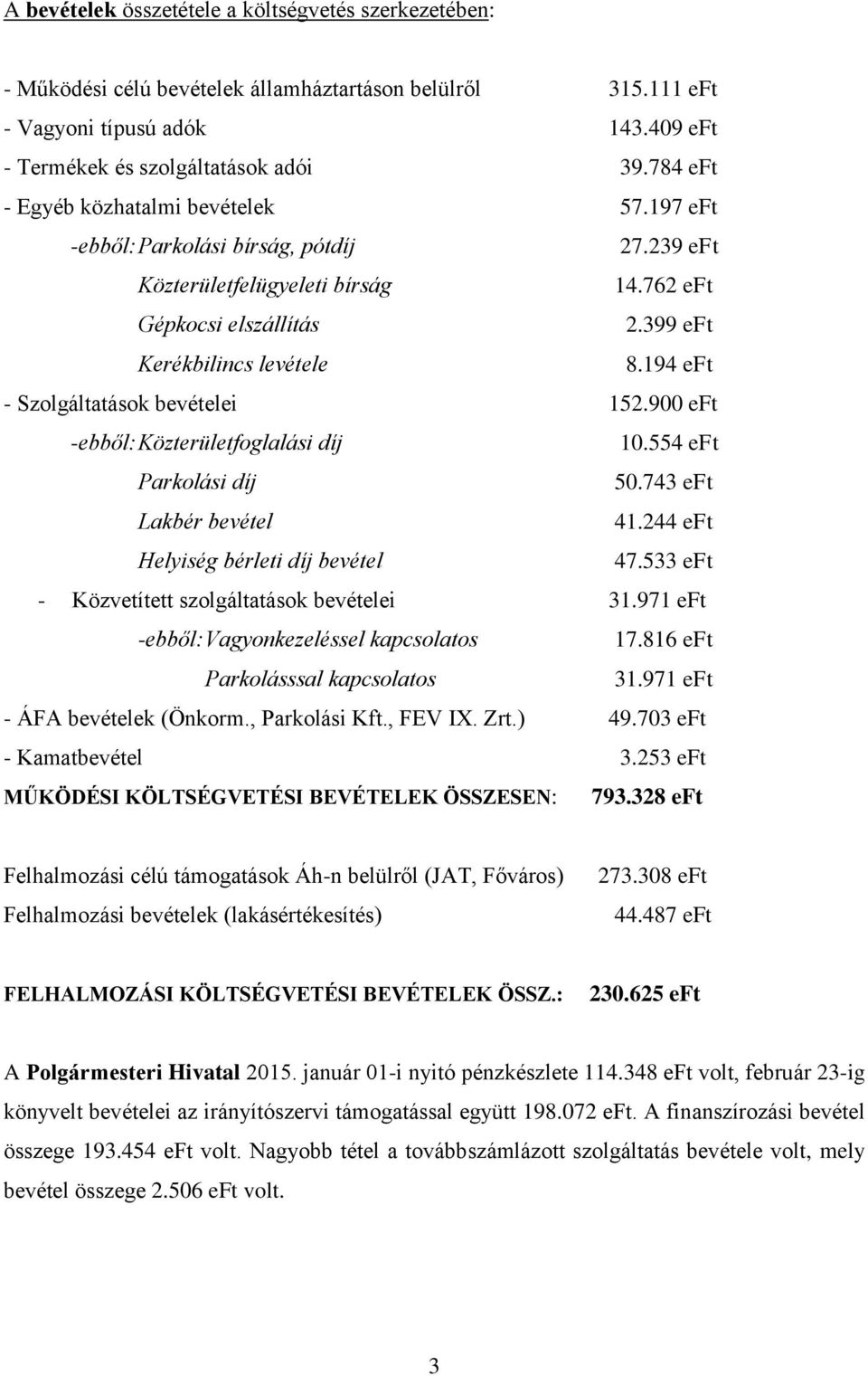 194 eft - Szolgáltatások bevételei 152.900 eft -ebből: Közterületfoglalási díj 10.554 eft Parkolási díj 50.743 eft Lakbér bevétel 41.244 eft Helyiség bérleti díj bevétel 47.