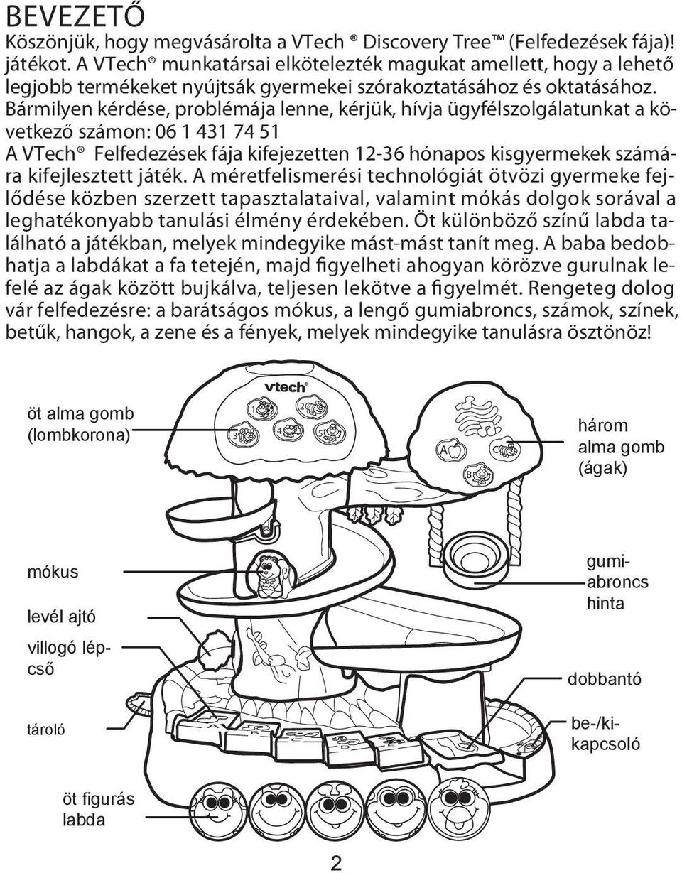 Bármilyen kérdése, problémája lenne, kérjük, hívja ügyfélszolgálatunkat a következő számon: 06 1 431 74 51 A VTech Felfedezések fája kifejezetten 12-36 hónapos kisgyermekek számára kifejlesztett