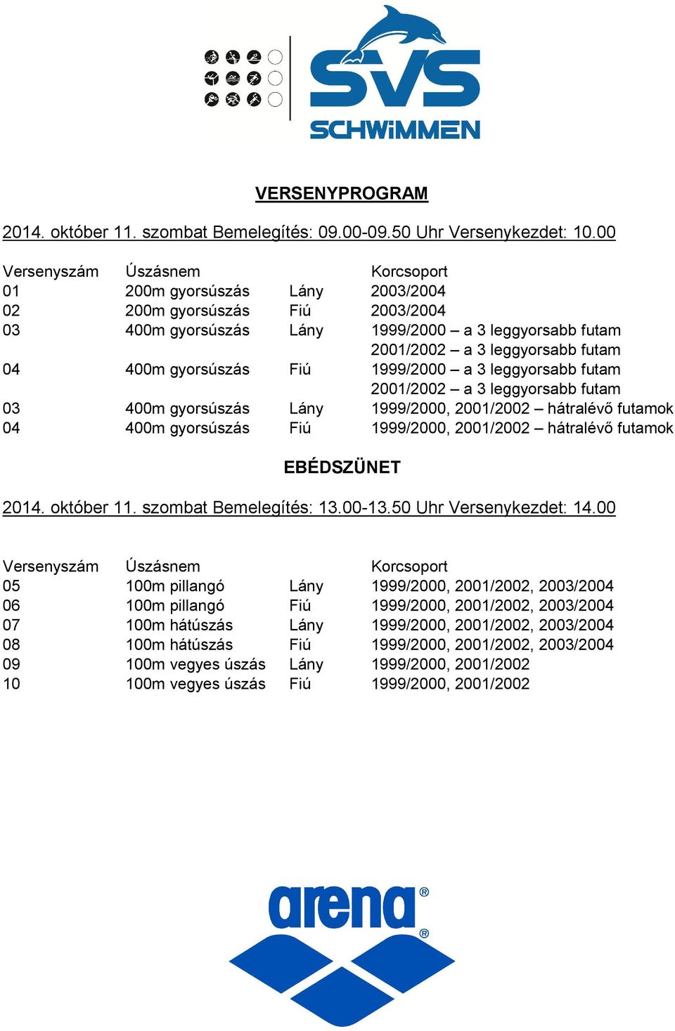 gyorsúszás Fiú 1999/2000 a 3 leggyorsabb futam 2001/2002 a 3 leggyorsabb futam 03 400m gyorsúszás Lány 1999/2000, 2001/2002 hátralévő futamok 04 400m gyorsúszás Fiú 1999/2000, 2001/2002 hátralévő