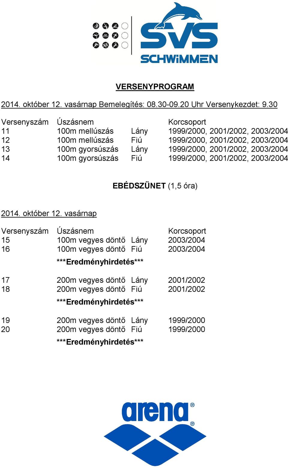 1999/2000, 2001/2002, 2003/2004 14 100m gyorsúszás Fiú 1999/2000, 2001/2002, 2003/2004 EBÉDSZÜNET (1,5 óra) 2014. október 12.