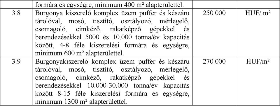 berendezésekkel 5000 és 10.000 tonna/év kapacitás között, 4-8 féle kiszerelési formára és egységre, minimum 600 m² alapterülettel. 3.