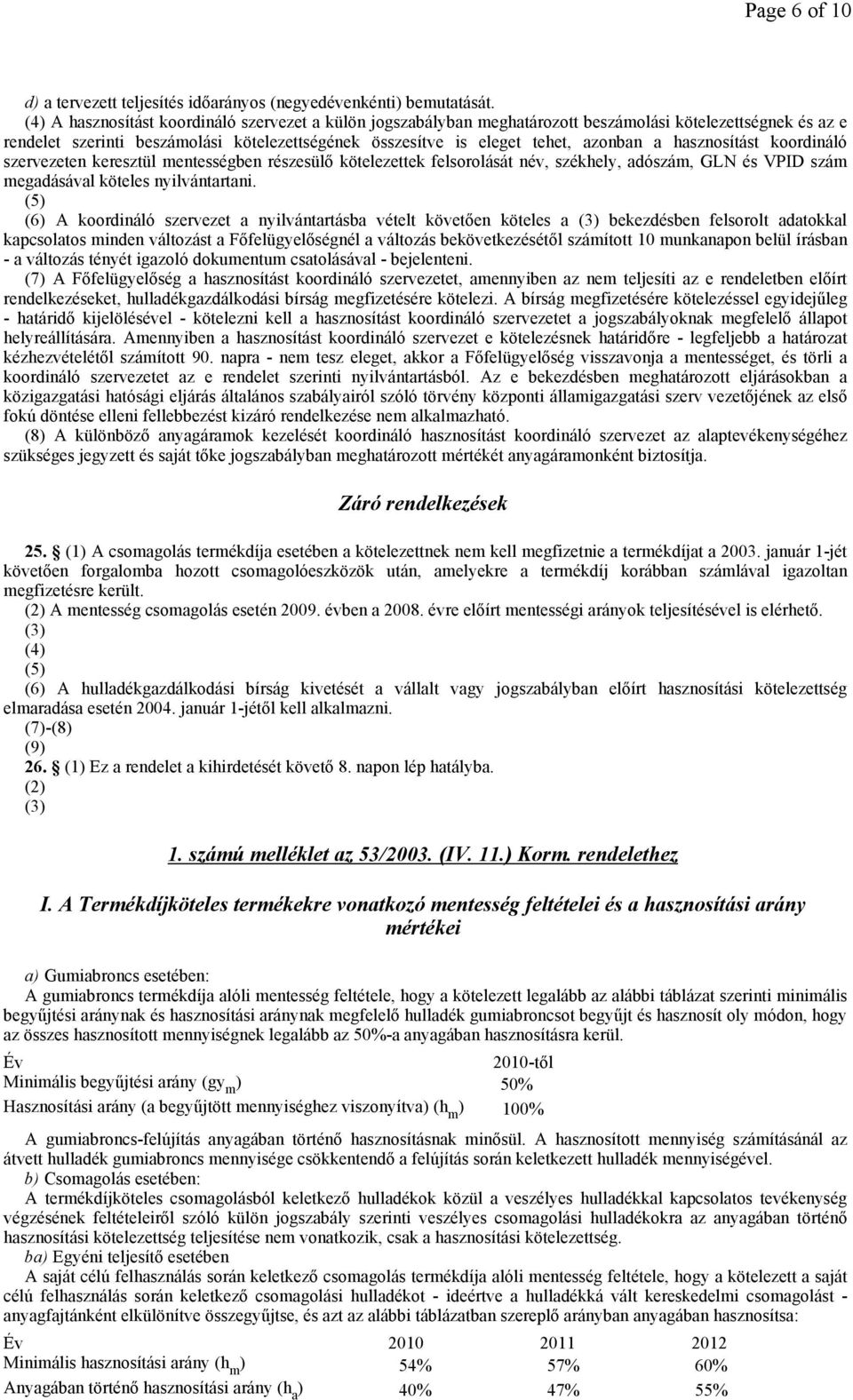 hasznosítást koordináló szervezeten keresztül mentességben részesülı kötelezettek felsorolását név, székhely, adószám, GLN és VPID szám megadásával köteles nyilvántartani.