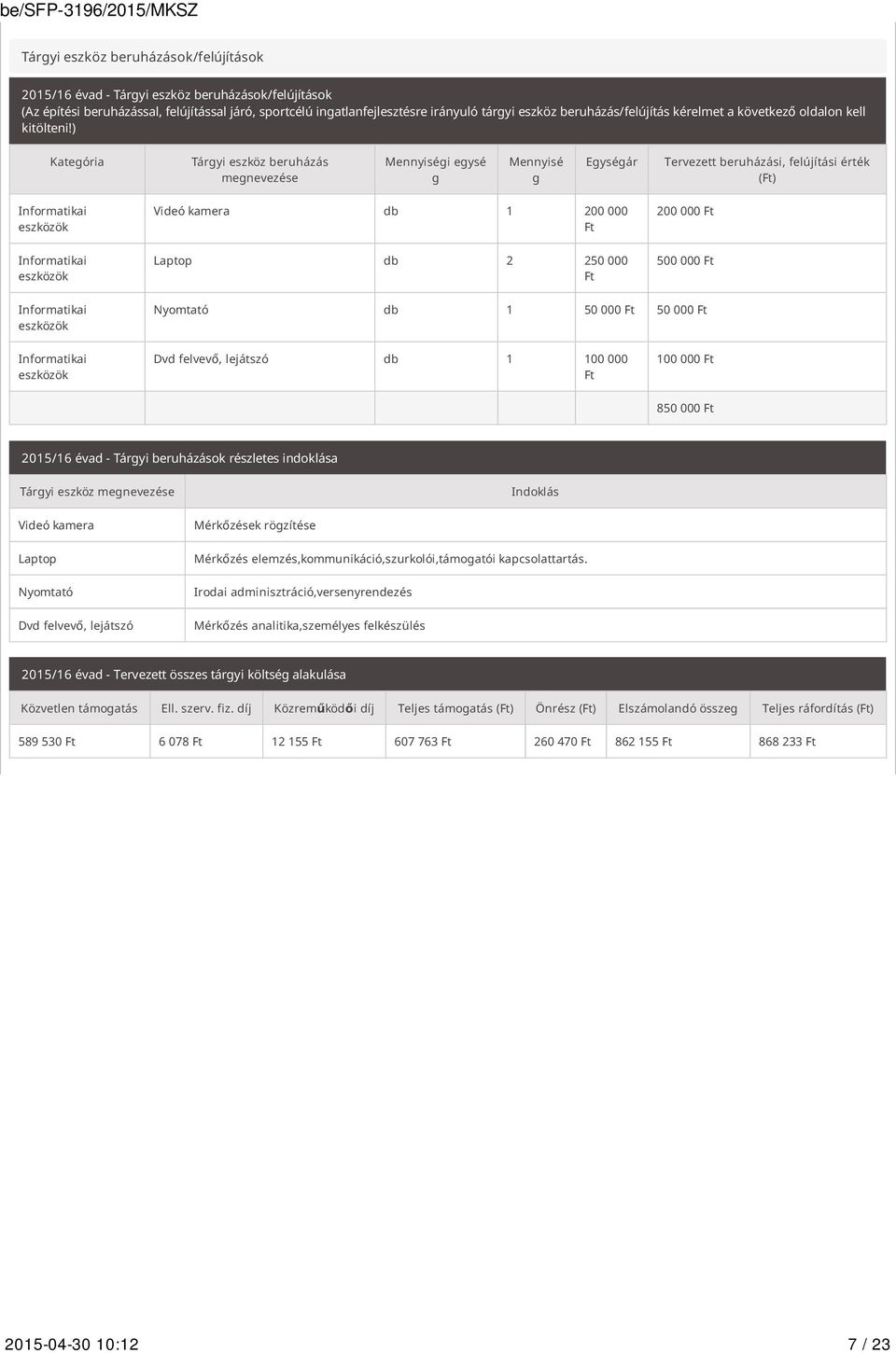 ) Kategória Tárgyi eszköz beruházás megnevezése Mennyiségi egysé g Mennyisé g Egységár Tervezett beruházási, felújítási érték (Ft) Informatikai eszközök Videó kamera db 1 200 000 Ft 200 000 Ft