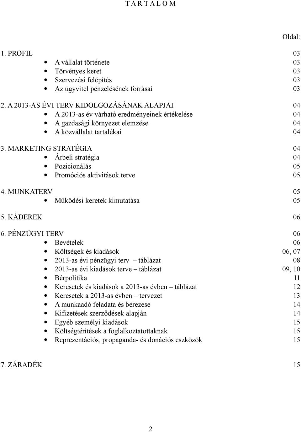 MARKETING STRATÉGIA 04 Árbeli stratégia 04 Pozicionálás 05 Promóciós aktivitások terve 05 4. MUNKATERV 05 Működési keretek kimutatása 05 5. KÁDEREK 06 6.
