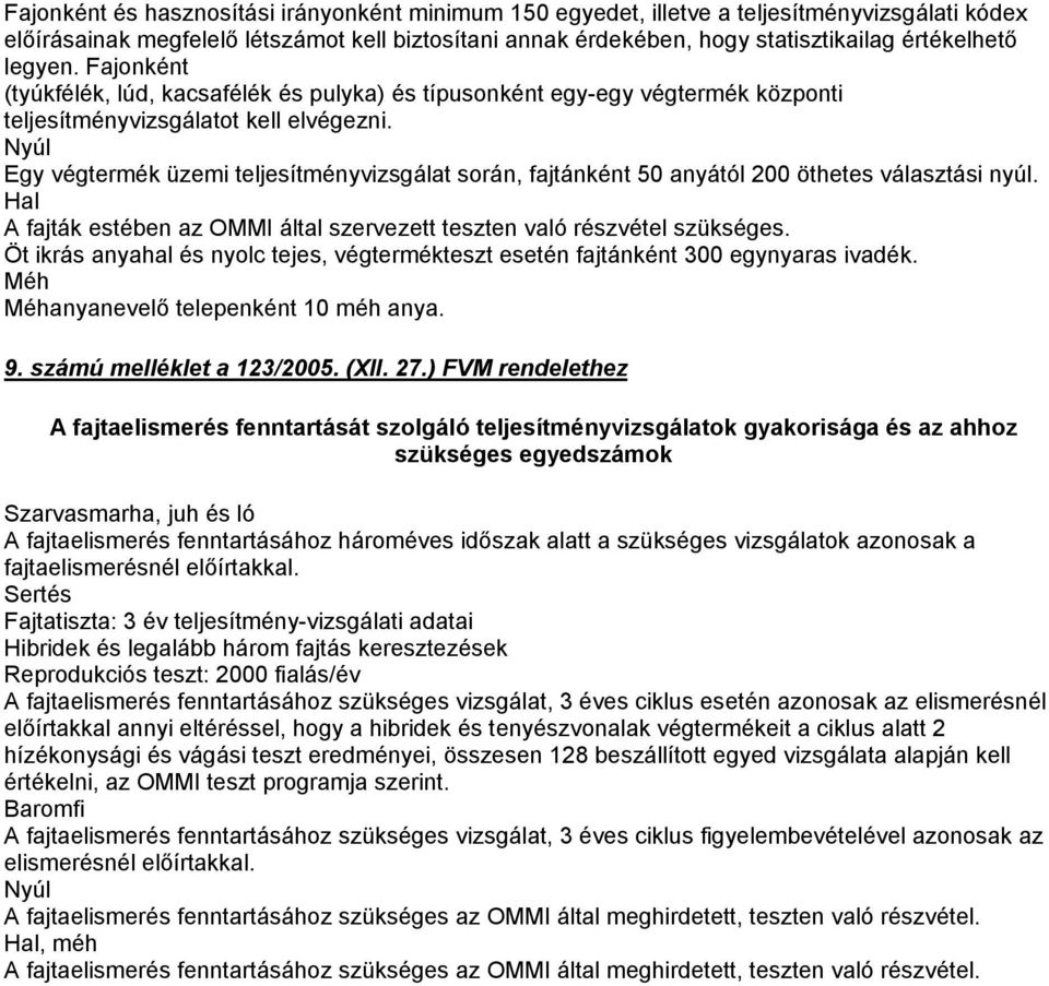 Nyúl Egy végtermék üzemi teljesítményvizsgálat során, fajtánként 50 anyától 200 öthetes választási nyúl. Hal A fajták estében az OMMI által szervezett teszten való részvétel szükséges.