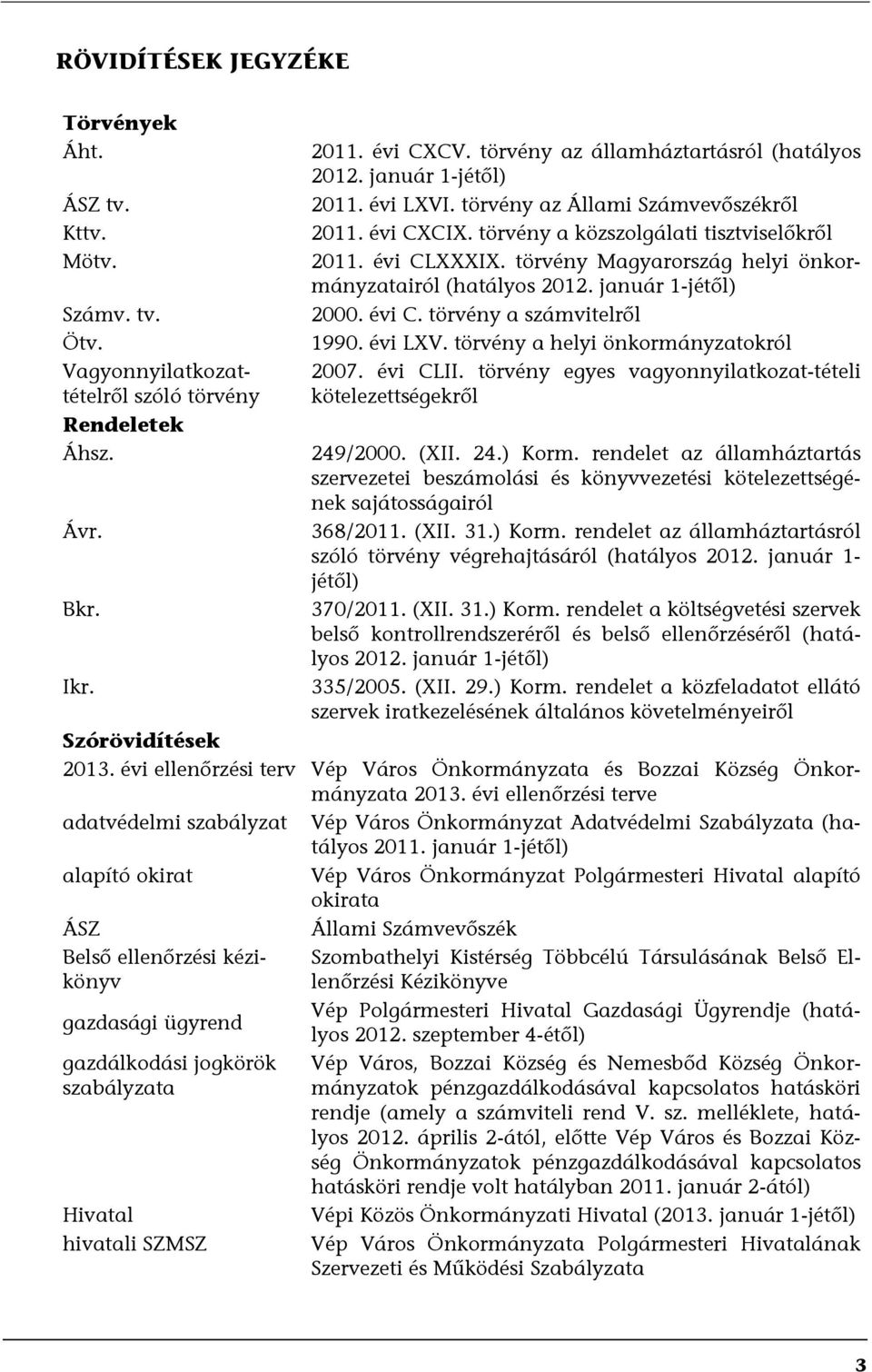 törvény Magyarország helyi önkormányzatairól (hatályos 2012. január 1-jétől) 2000. évi C. törvény a számvitelről 1990. évi LXV. törvény a helyi önkormányzatokról 2007. évi CLII.