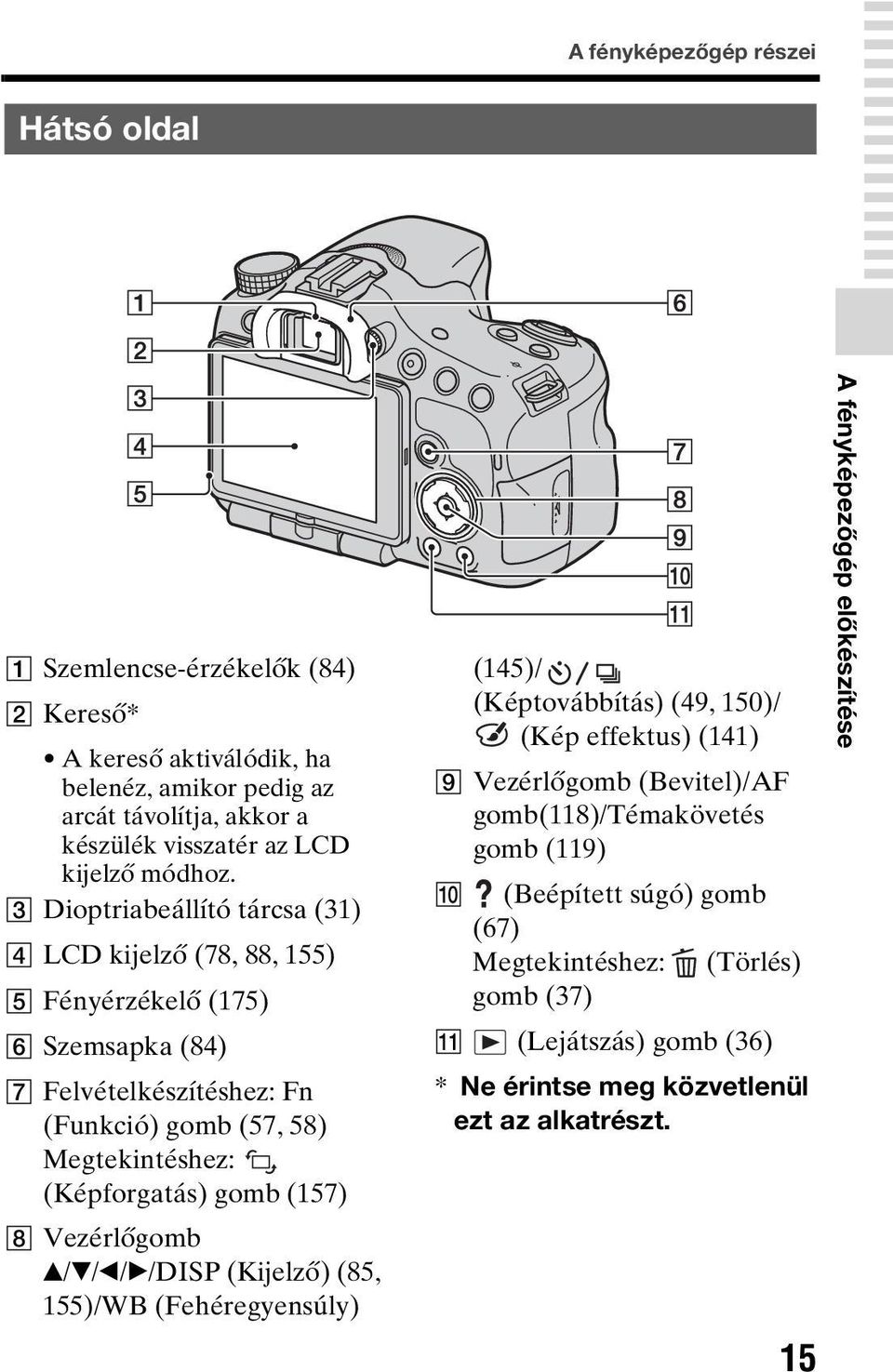 C Dioptriabeállító tárcsa (31) D LCD kijelző (78, 88, 155) E Fényérzékelő (175) F Szemsapka (84) G Felvételkészítéshez: Fn (Funkció) gomb (57, 58) Megtekintéshez: (Képforgatás) gomb