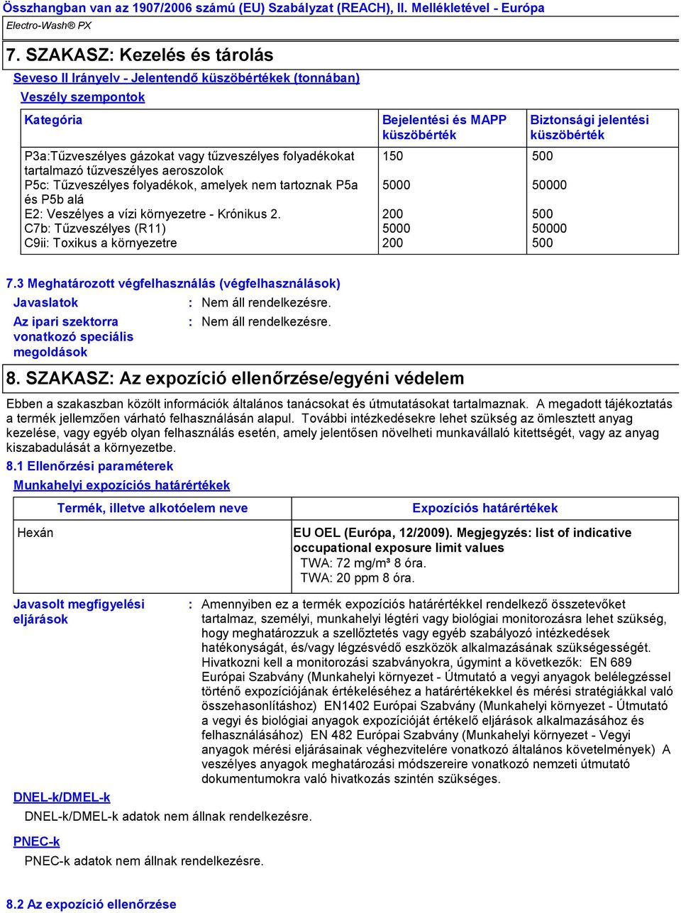 200 500 C7b Tűzveszélyes (R11) 5000 50000 C9ii Toxikus a környezetre 200 500 Biztonsági jelentési küszöbérték 7.