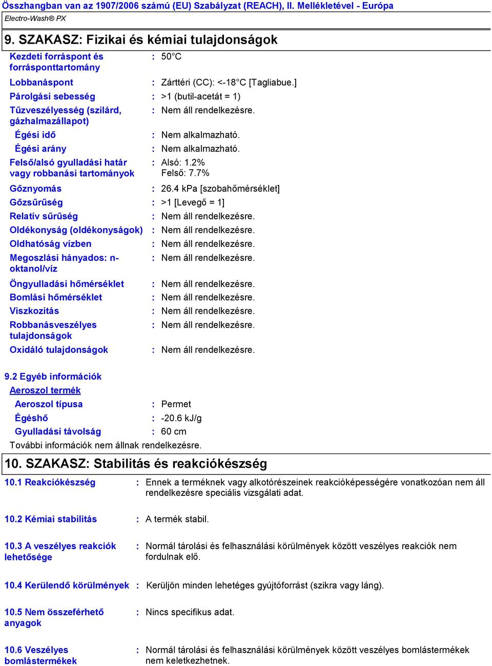 Öngyulladási hőmérséklet Bomlási hőmérséklet Viszkozitás Robbanásveszélyes tulajdonságok Oxidáló tulajdonságok Zárttéri (CC) <-18 C [Tagliabue.] Nem alkalmazható. Nem alkalmazható. Alsó 1.2% Felső 7.